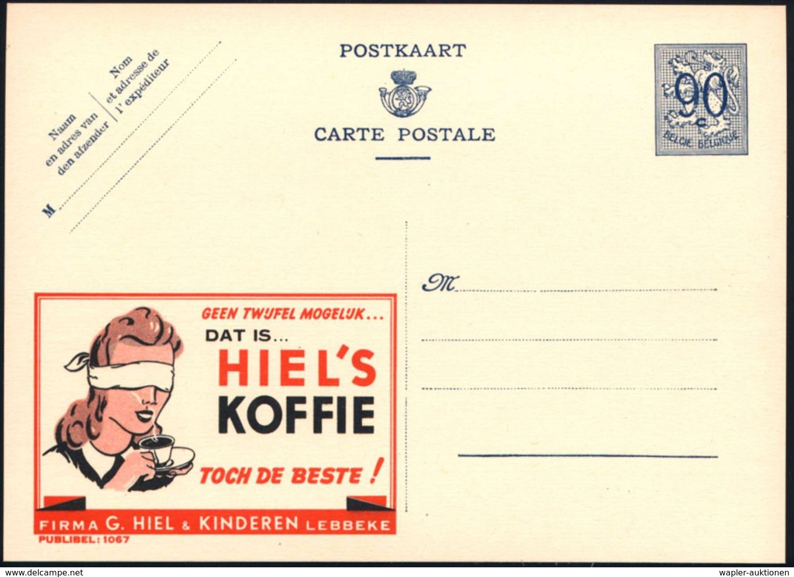 1951 BELGIEN, 90 C. Publibel-Ganzsache: HIEL'S KOFFIE.. (Frau Mit Verbundenen Augen Kostet Von Kaffee-Tasse) Ungebr. (Mi - Other & Unclassified