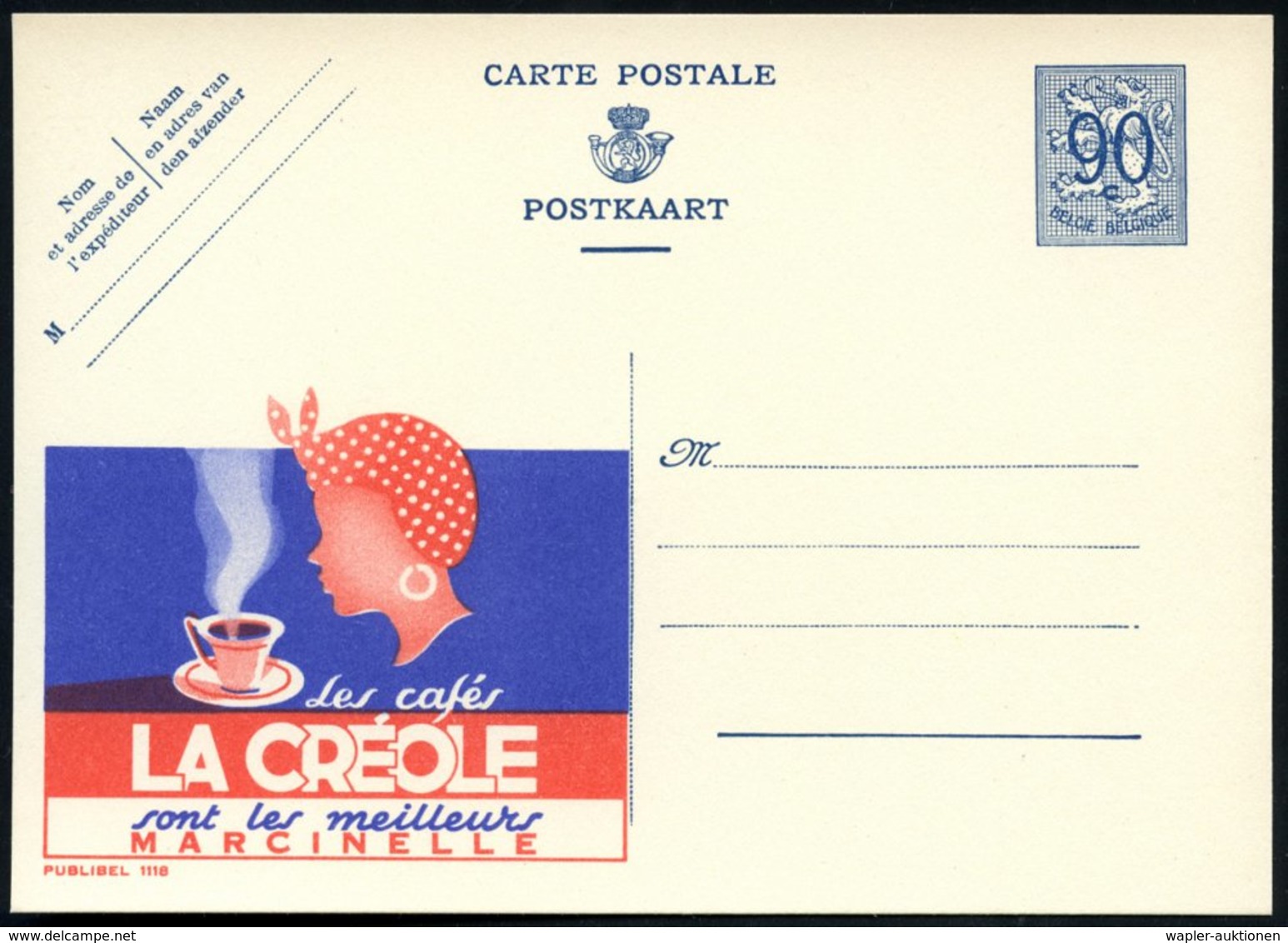 1951 BELGIEN, 90 C. Publibel-Ganzsache: Les Cafés LA CREOLE.. (Frau Mit Kopftuch Mit Kaffee-Tasse) Ungebr. (Mi.P 273  I  - Andere & Zonder Classificatie