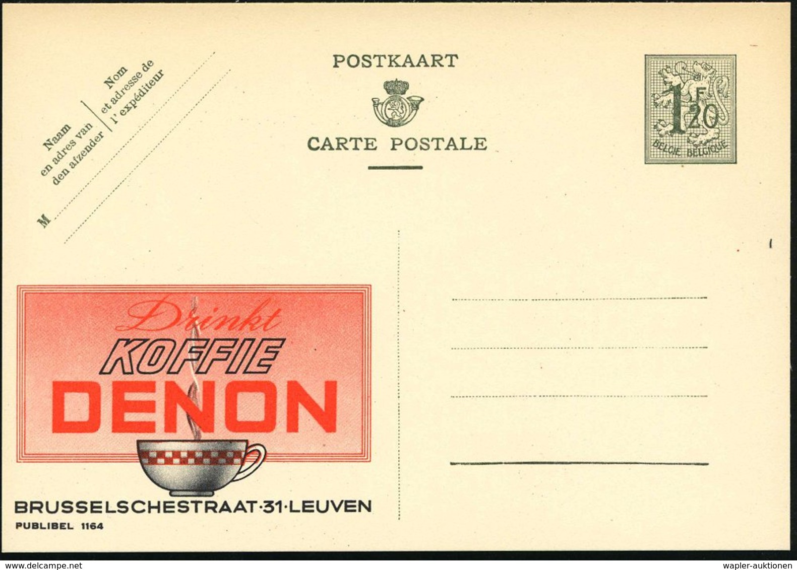 1952 BELGIEN, 1,20 F. Publibel-Ganzsache: KOFFIE DENON (Kaffee-Tasse) Ungebr. (Mi.P 283 II / 1164) - Kaffee & Café / Kof - Other & Unclassified