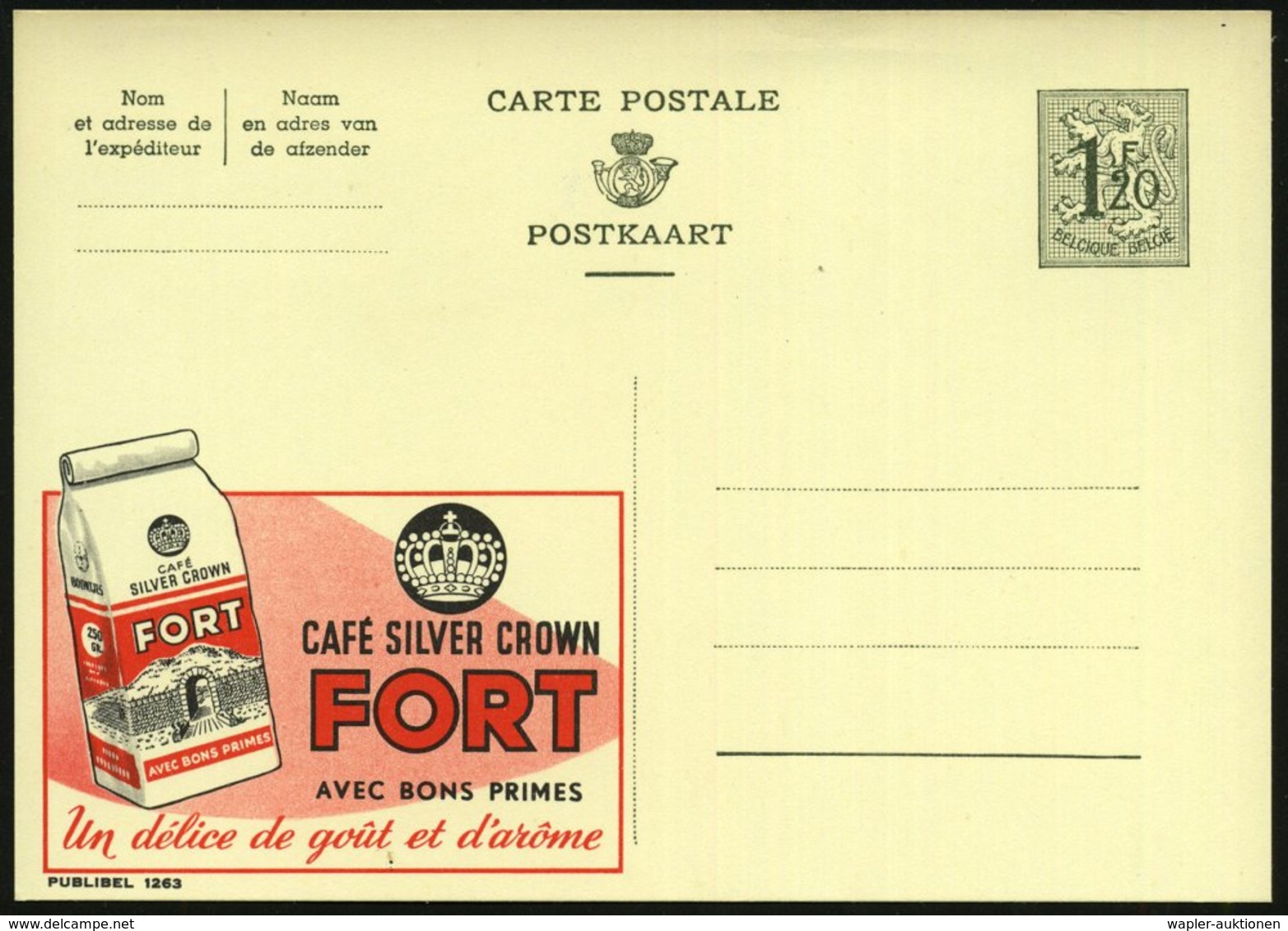 1952 BELGIEN, 1,20 F. Publibel-Ganzsache: SILVER CROWN KOFFIE FIRT (Kaffee-Packung Mit Fort U. Krone) Französ. Text, Ung - Other & Unclassified