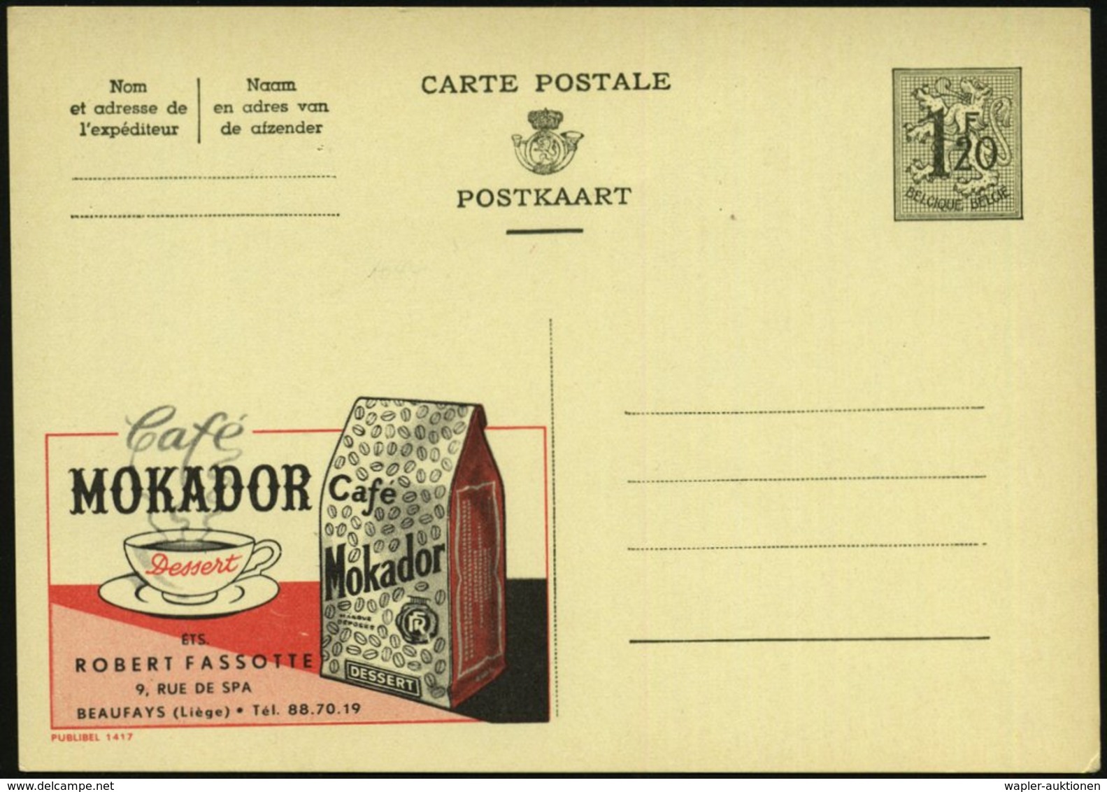 1954 BELGIEN, 1,20 F. Publibel-Ganzsache: Café MOKADOR.. (Kaffeetasse U. Kaffee-Packung) Ungebr. (Mi.P 289 I / 1417) - K - Other & Unclassified