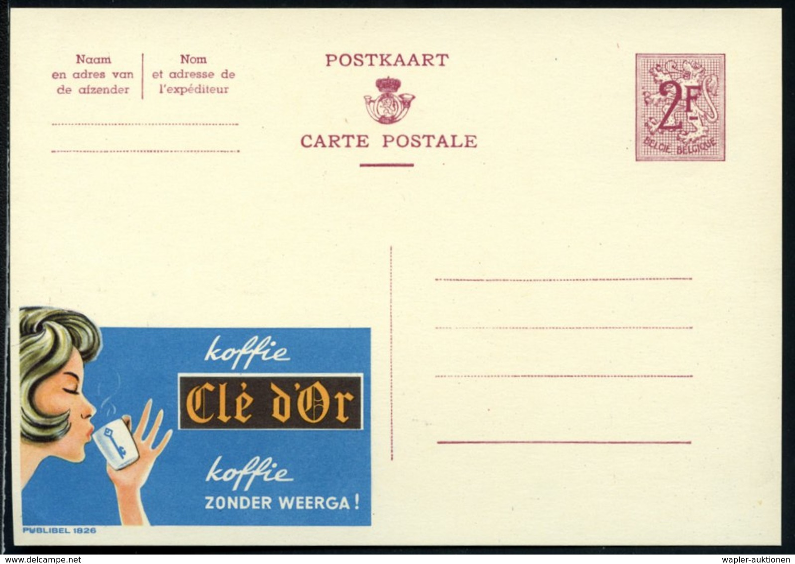 1959 BELGIEN, 2 F. Publibel-Ganzsache: Koffie Clé D'Or (Frau Mit Kaffee-Tasse Mit Schlüssel) Ungebr. (Mi.P 319 II / 1826 - Other & Unclassified