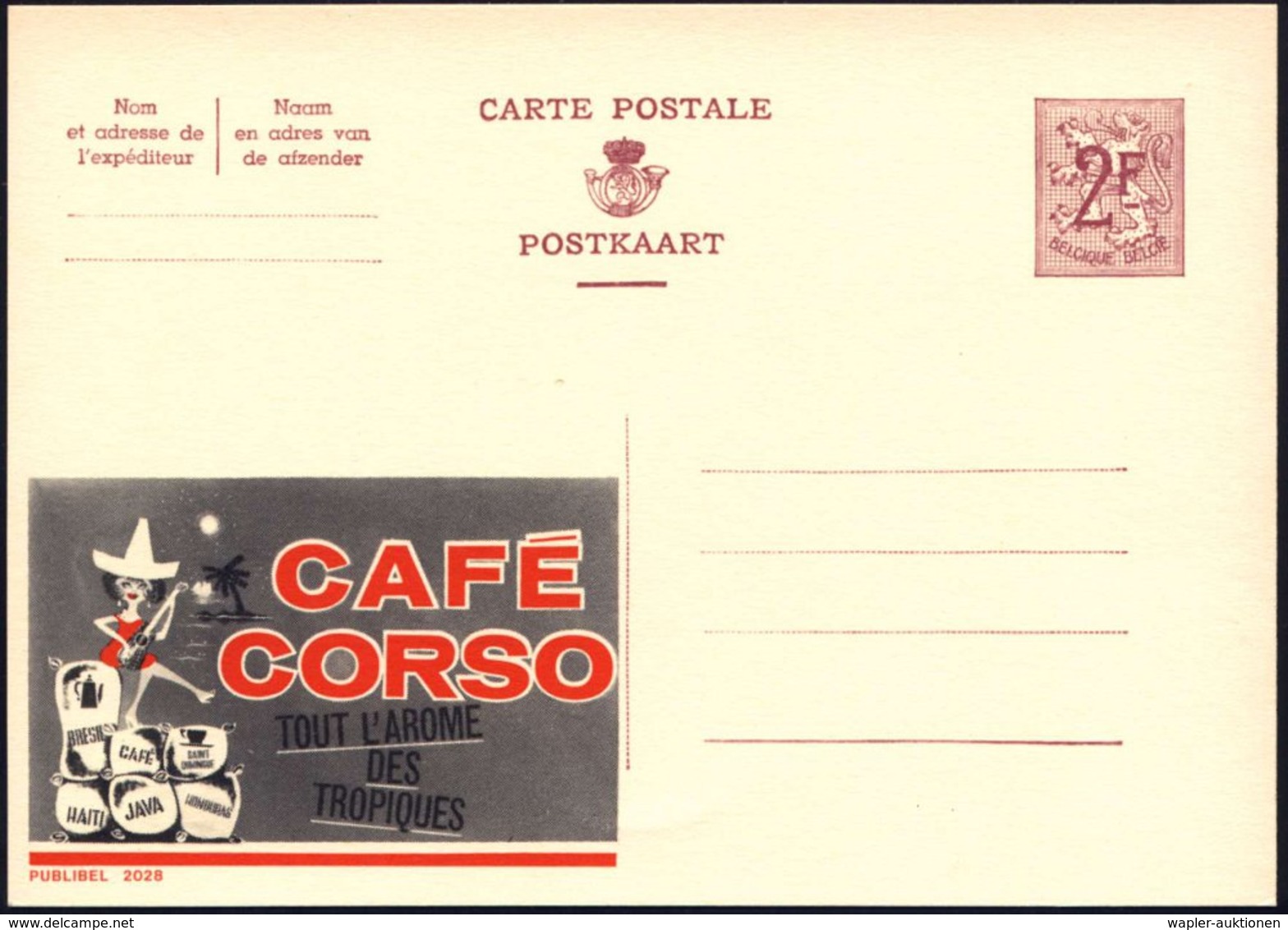 1959 BELGIEN, 2 F. Publibel-Ganzsache: CAFE CORSO.. (Frau Mit Sombrero U. Guitarre, Kaffeesäcke Aus Der Karibik) Ungebr. - Other & Unclassified