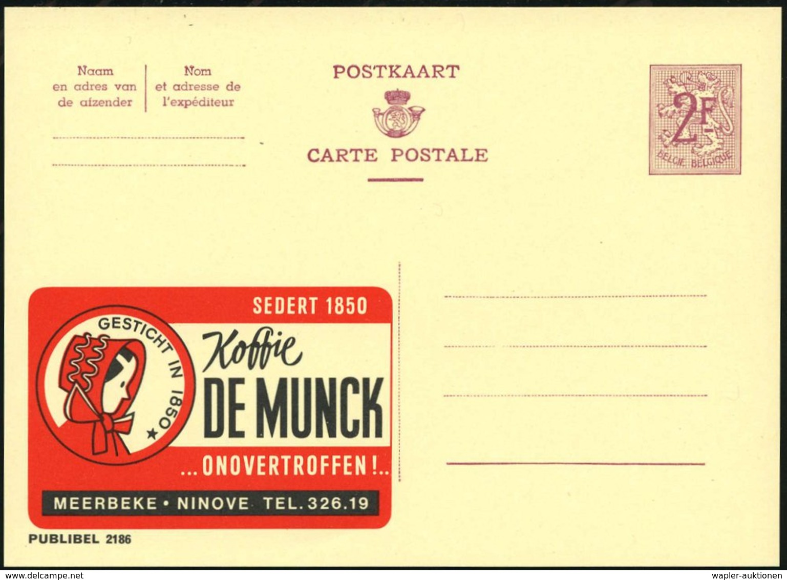 1967 BELGIEN, 2 F. Publibel-Ganzsache: Koffie DE MUNCK.. ONOVERTROFFEN! (Frau Mit Haube) Ungebr. (Mi.P 319 II / 2186) -  - Other & Unclassified