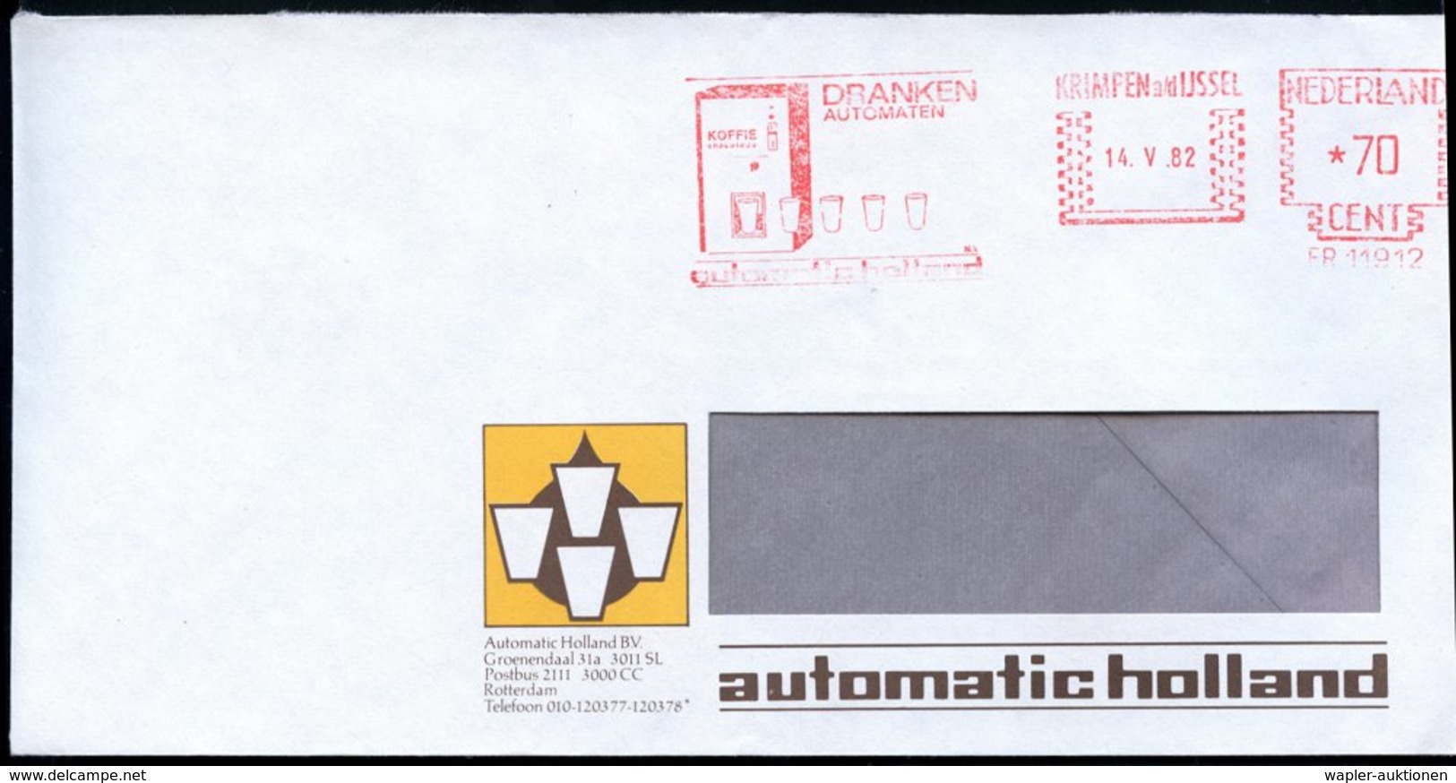 1982 (14.5.) NIEDERLANDE, Absender-Freistempel: KRIMPEN A/ D IJSSEL, DRANKEN AUTOMATEN = Kaffee-Automat Mit Bechern (aus - Sonstige & Ohne Zuordnung