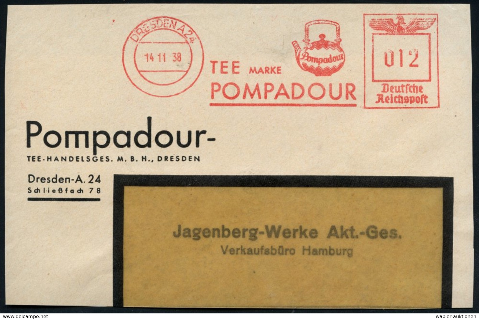 1938 (14.11.) DRESDEN A 24, Absender-Freistempel: TEE MARKE POMPADOUR = Porzellan-Teekanne Auf Teil-Vorderseite - Tee /  - Other & Unclassified