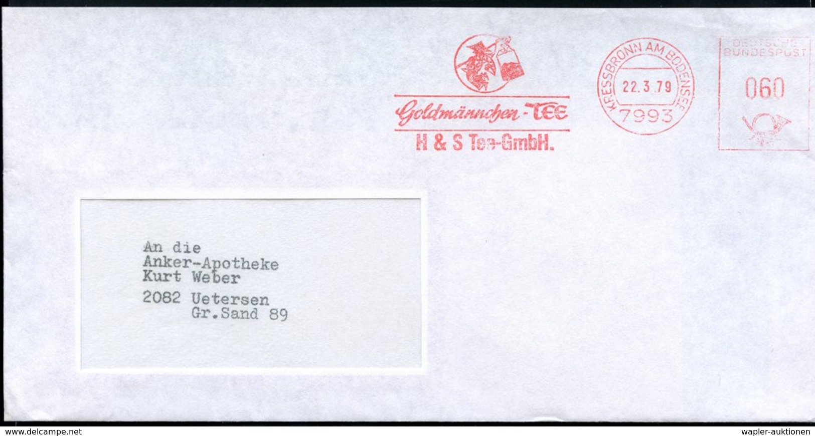 1979 7993 KRESSBRONN AM BODENSEE, Absender-Freistempel: Goldmännchen-Tee, H & S. Tee-Gmbh (Chinese Mit Hut Trägt Teebeut - Other & Unclassified