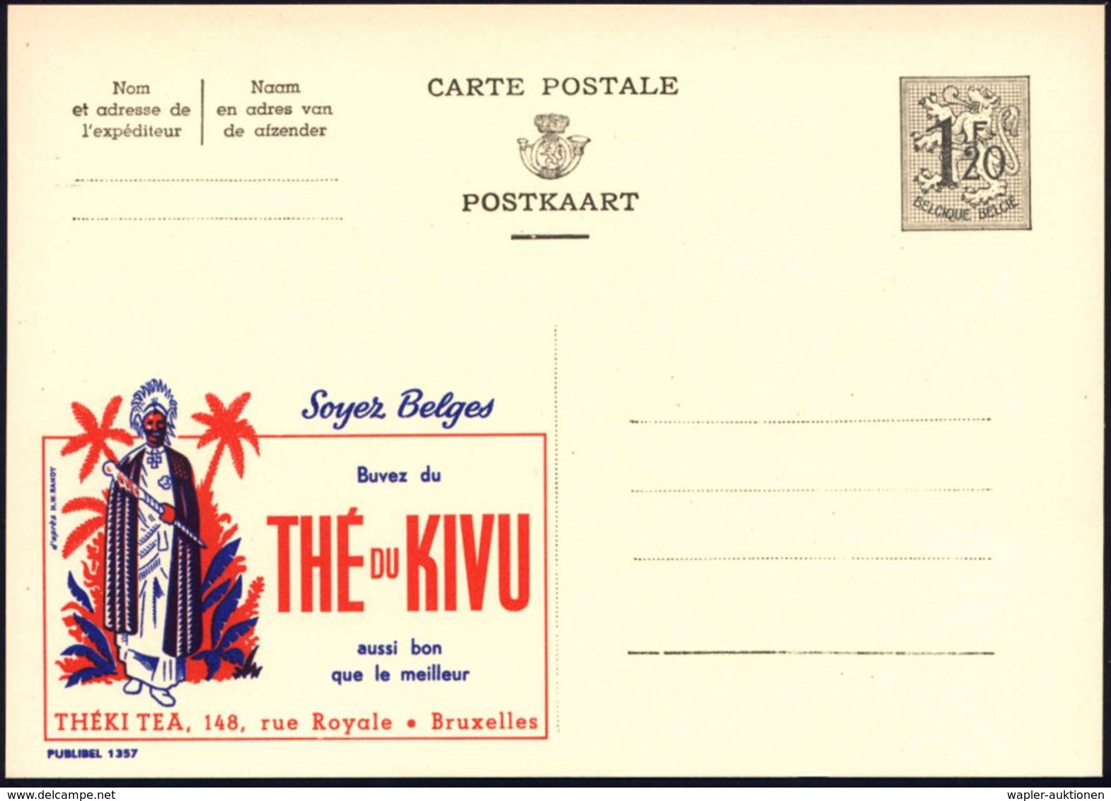 1954 BELGIEN, 1,20 F. Publibel-Ganzsache: Buvez Du THE DU KIVU.. THEKI TEA (Häuptling Vor Palmen) Ungebr. (Mi.P 289 I /  - Other & Unclassified