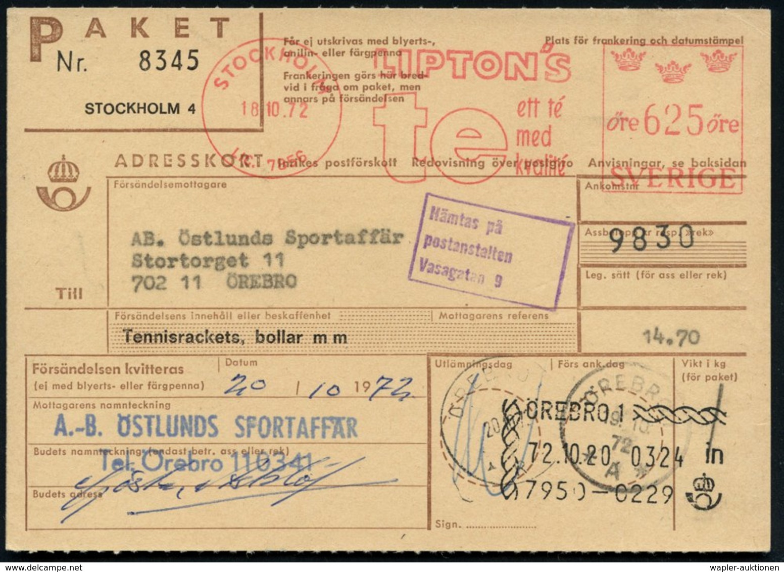 1972 SCHWEDEN, Absender-Freistempel: STOCKHOLM, LIPTON'S Te.. Auf Paketkarte Mit Paketstempel: ÖREBRO 1, Seltene Portost - Other & Unclassified