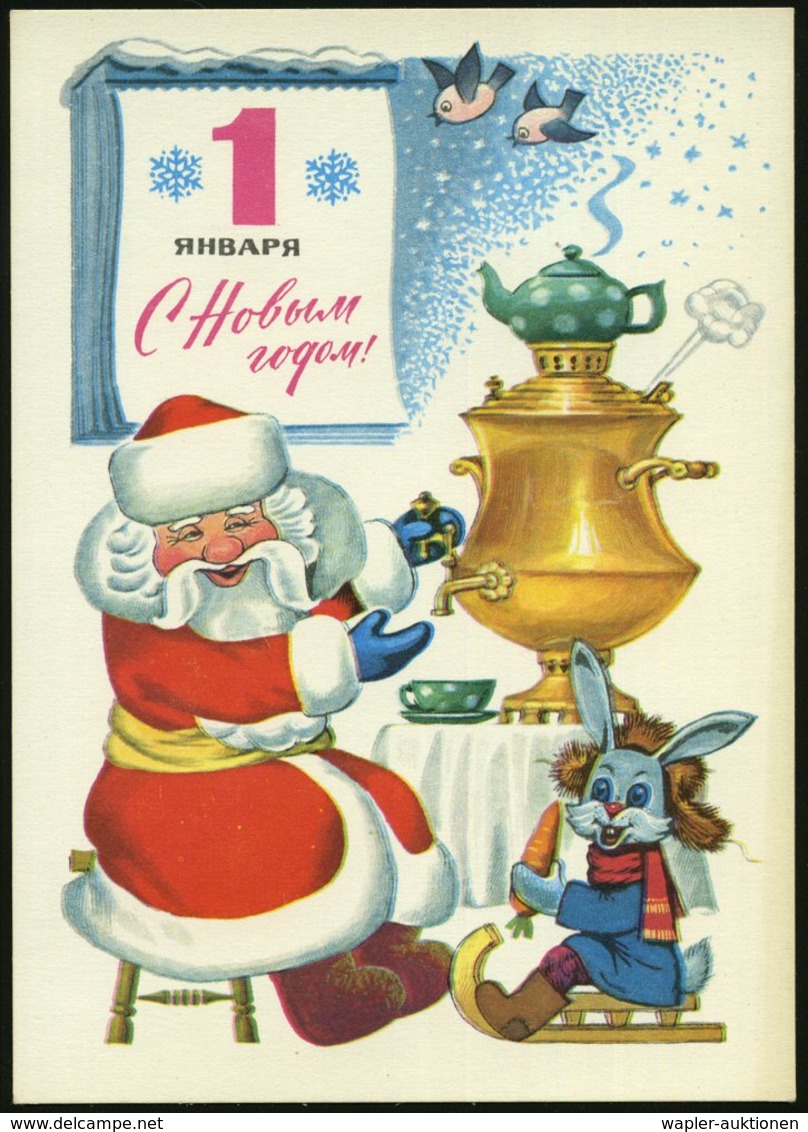 1976 UdSSR, 3 Kop. Bildganzsache Komsomolzen: Weihnachtsmann U. Hase Mit Samowar (1. Januar) Ungebr. - Tee / Tea / Thé / - Other & Unclassified