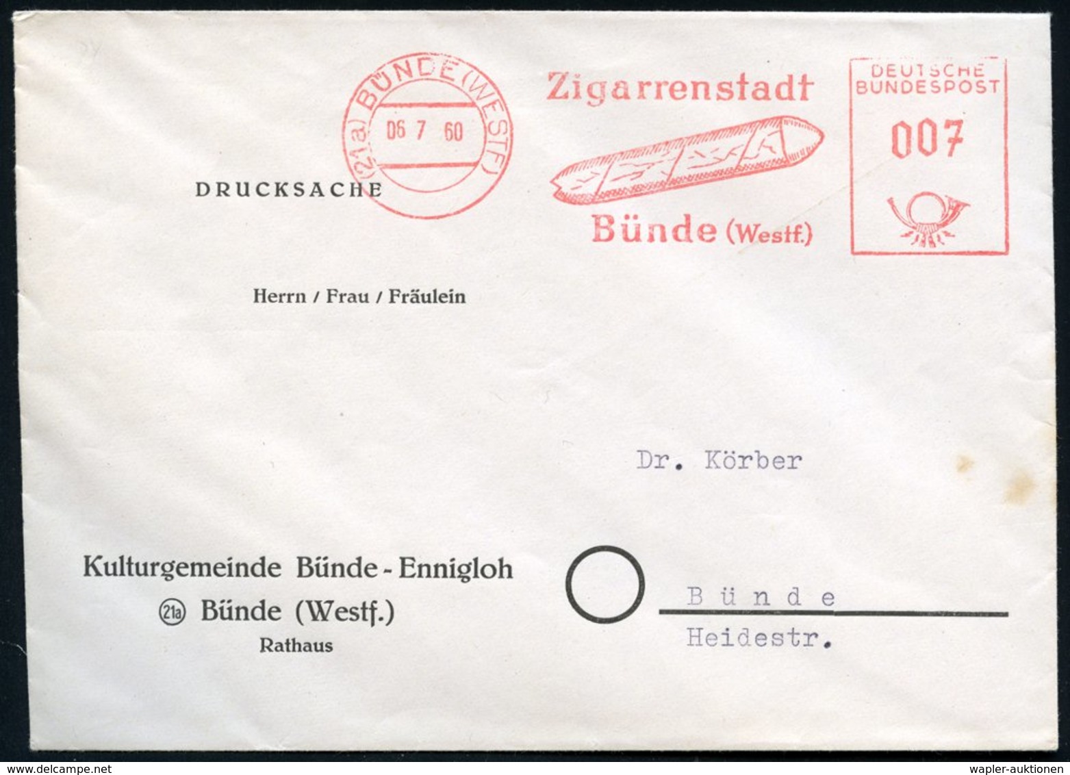 1960 (21 A) BÜNDE (WESTF), Zigarrenstadt Bünde (= Zigarre) Kommunalbrief - Tabak / Tobacco / Tabac / Tabacco - Other & Unclassified