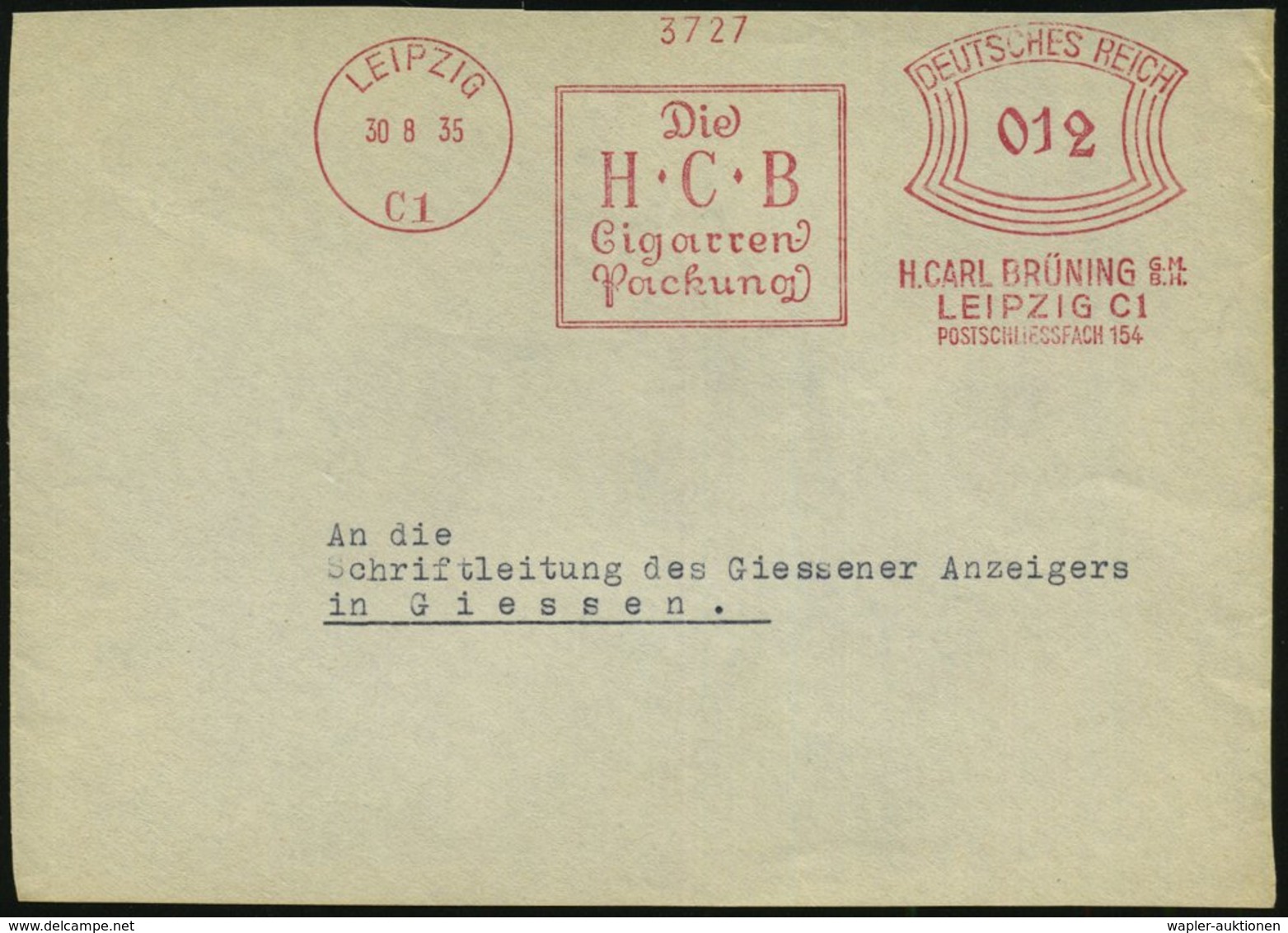 1935 (30.8.) LEIPZIG C 1, Absender-Freistempel: Die H-C-B Cigarren.. H. CARL BRÜNING GMBH, Bedarfs-Vorderseite - Tabak / - Other & Unclassified