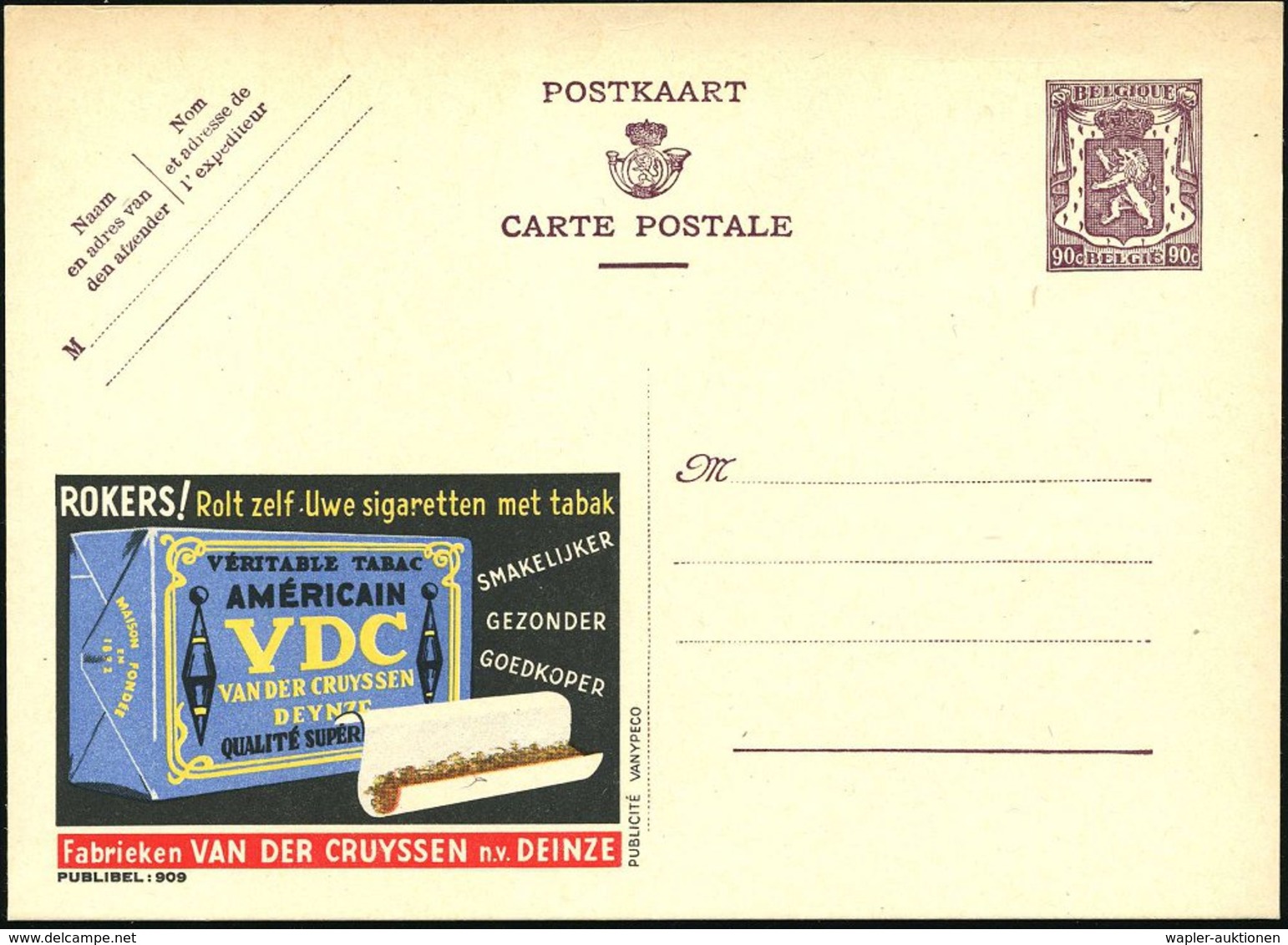 1948 BELGIEN, 90 C. Publibel-Ganzsache: VERITABLE TABAC AMERICAIN VDC.. (Packung, Tabak In Zigarettenpapier) Ungebr. (Mi - Other & Unclassified