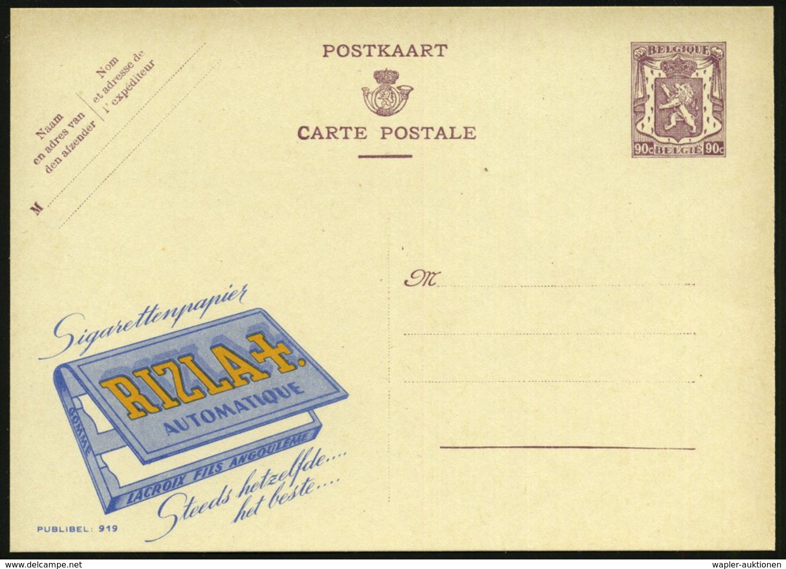 1948 BELGIEN, 90 C. Publibel-Ganzsache: Sigarettenpapier RIZLA.. (Packung Zigarettenpapier) Flämischer Text, Ungebr. (Mi - Other & Unclassified