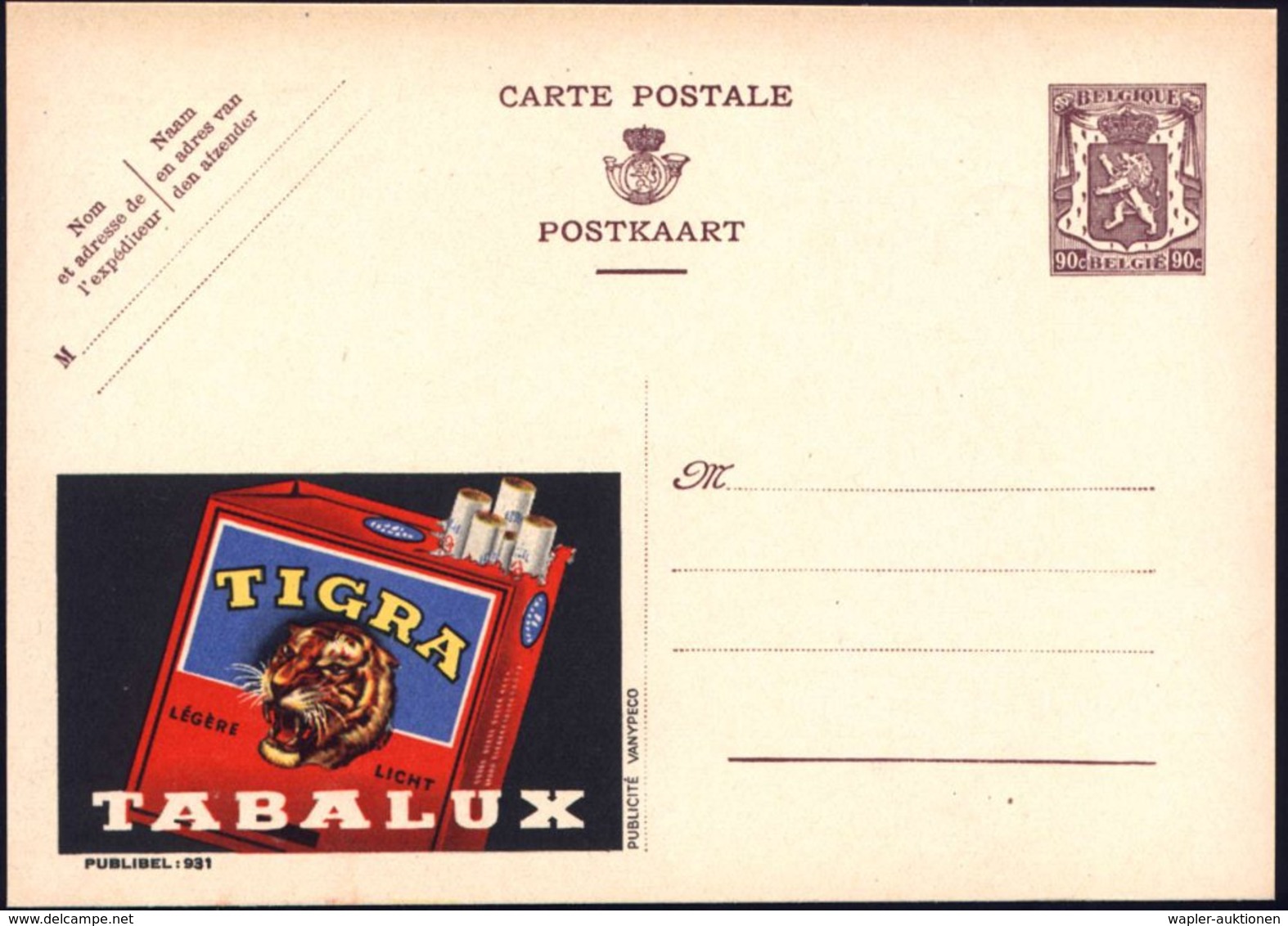 1948 BELGIEN, 90 C. Publibel-Ganzsache: TIGRA TABALUX (Packung Zigaretten Mit Tigerkopf) Ungebr. (Mi.P 248 I / 931) - Ta - Other & Unclassified