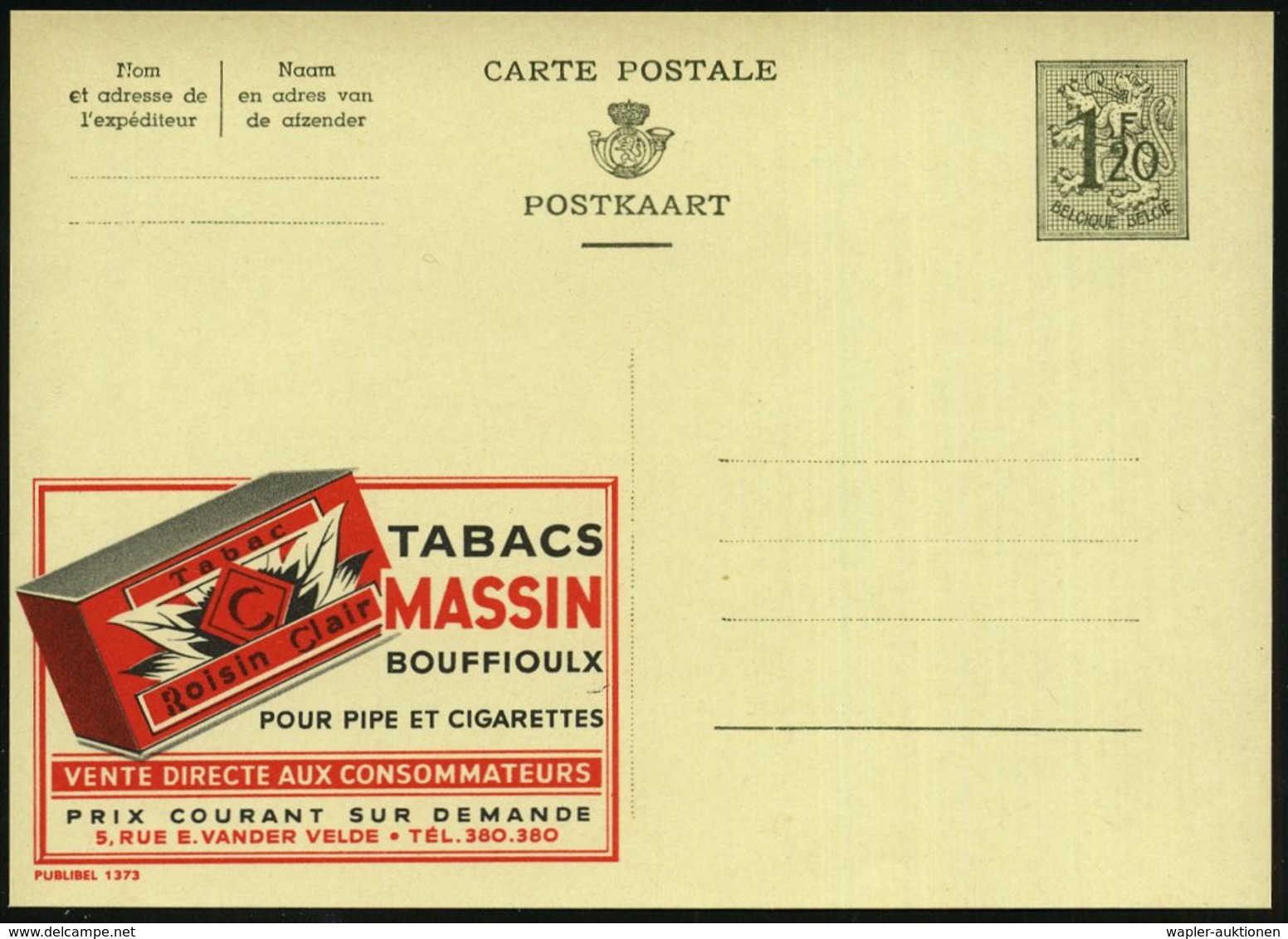 1954 BELGIEN, 1,20 F. Publibel-Ganzsache: TABACS MASSIN... (Tabak-Packung) Ungebr. (Mi.P 289 I / 1373) - Tabak / Tobacco - Other & Unclassified