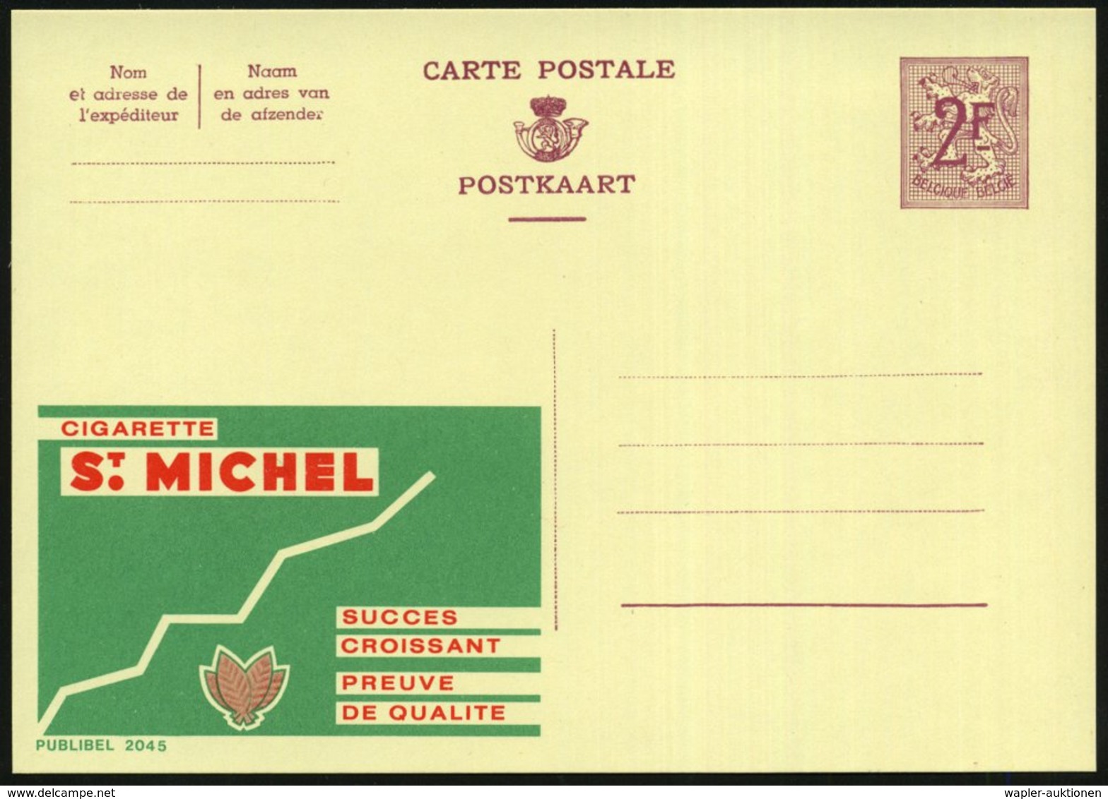 1959 BELGIEN, 2 F. Publibel-Ganzsache: CIGARETTE St. MICHEL.. (Tabakblätter) Ungebr. (Mi.P 319 I / 2045) - Tabak / Tobac - Other & Unclassified