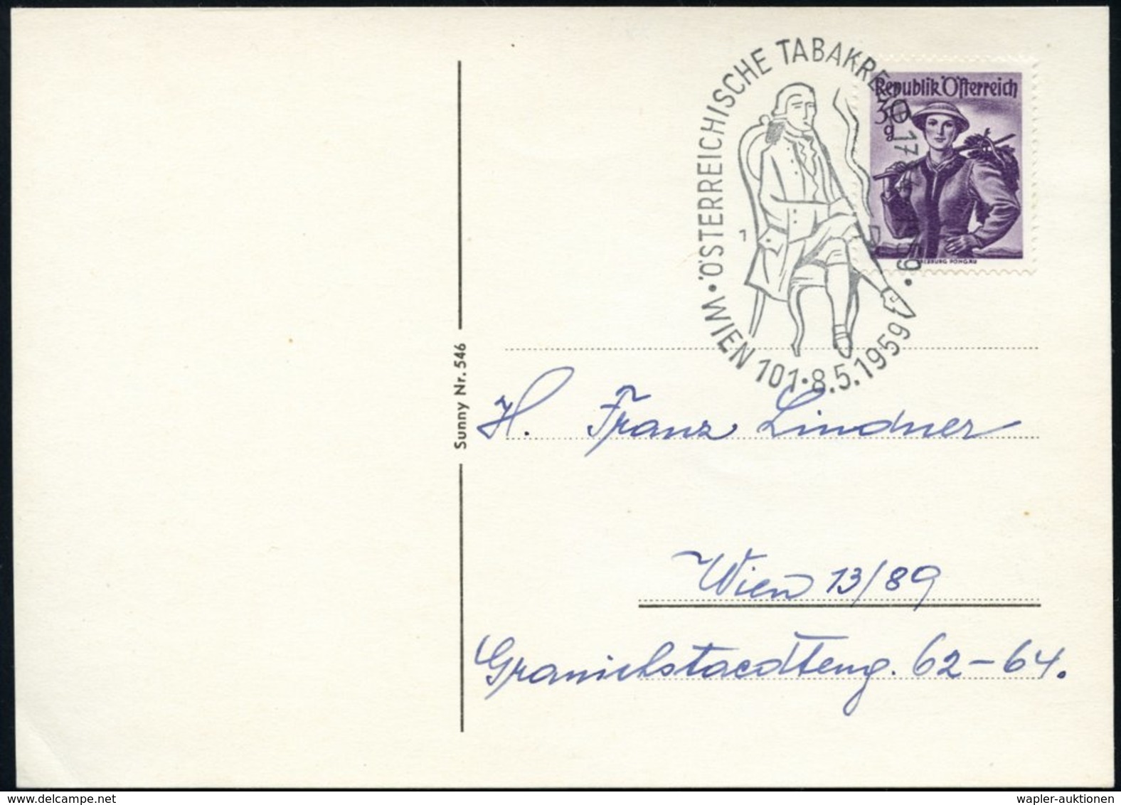 1959 (8.5.) ÖSTERREICH, Sonderstempel: WIEN 101, ÖSTERREICHISCHE TABAKREGIE 1784 (Zeitgenosse Mit Langer Pfeife) Ortskar - Other & Unclassified