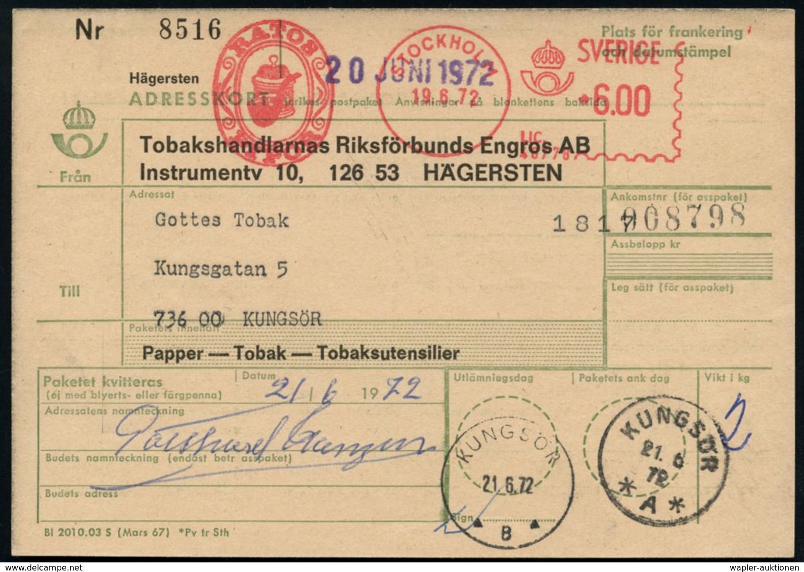 1972 SCHWEDEN, Absender-Freistempel: STOCKHOLM RATOS PIPOR (Tabakgefäße) Paketkarte: Reichsverband Der Tabak-Händler Häg - Sonstige & Ohne Zuordnung