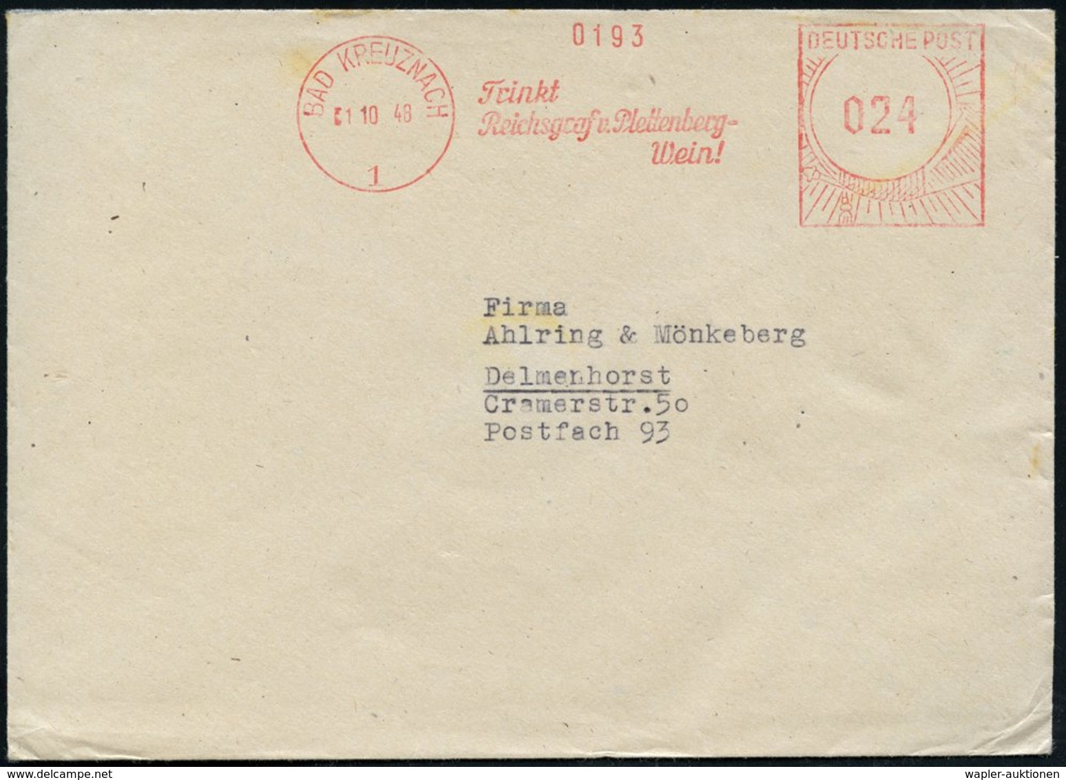 1948 BAD KREUZNACH 1, Absender-Freistempel Typ Fanzös. Zone): Trinkt Reichsgraf- U. Plettenberg-Wein!, Fernbrief - Wein  - Other & Unclassified