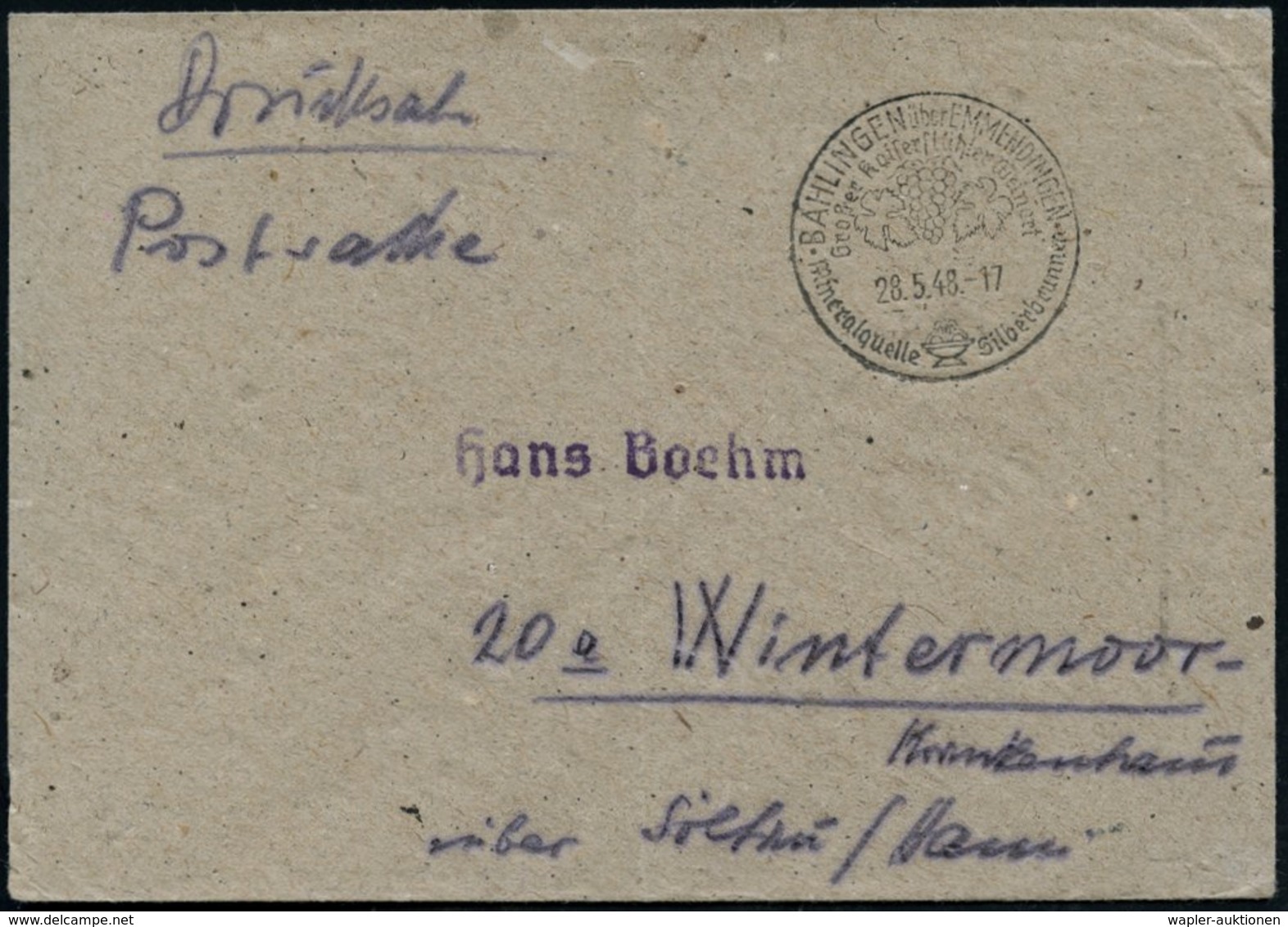 1948 (28.5.) BAHLINGEN über EMMENDINGEN, Handwerbestempel: Großer Kaiserstühler Weinort.. Silberbrunnen (Weintraube, Bru - Other & Unclassified