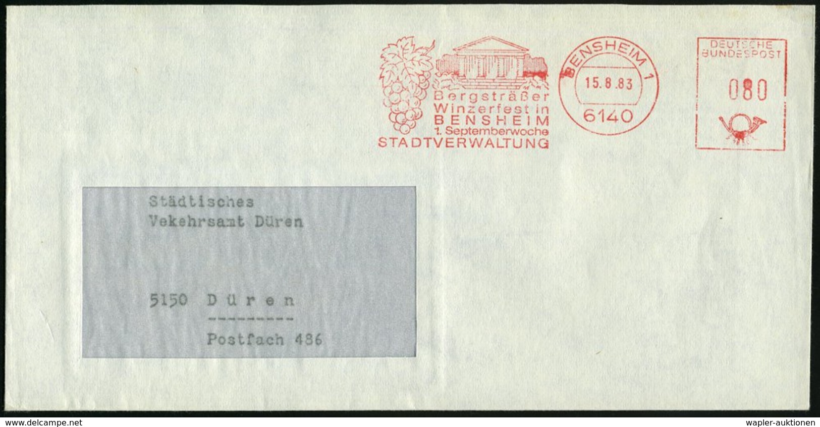 1983/91 6140 BENSHEIM 1, 2 Verschiedene Kommunale Absender-Freistempel: ..Winzerfest In BENSHEIM 1. SEPTEMBERWOCHE (Wein - Other & Unclassified