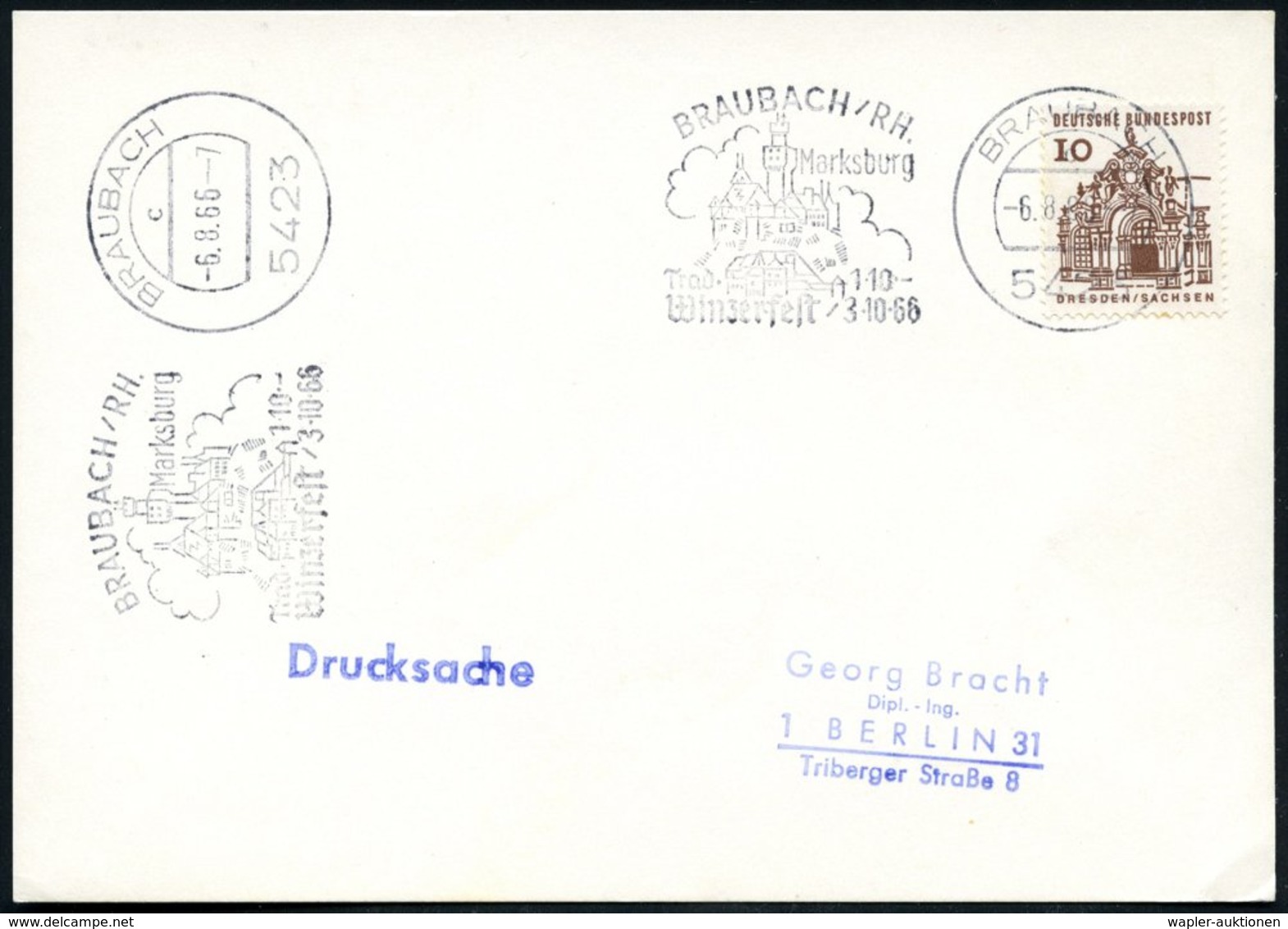 1966 (6.8.) 5423 BRAUBACH, Maschinen-Werbestempel: ..Marksburg, Trad. Winzerfest 1.10.-3.10.65 (Marksburg) Inl.-Brief (B - Other & Unclassified