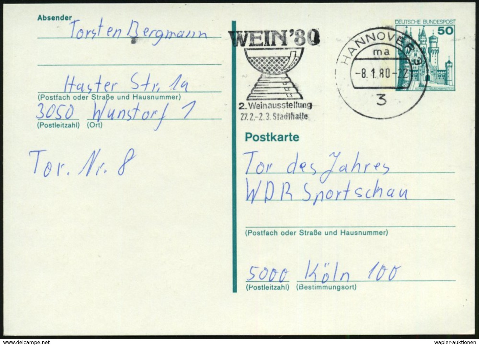 1980 3 HANNOVER 3, Maschinen-Werbestempel: WEIN'80, 2. Weinausstellung (Weinpokal) Bedarfskarte (Bo.411 A) - Wein / Vine - Sonstige & Ohne Zuordnung