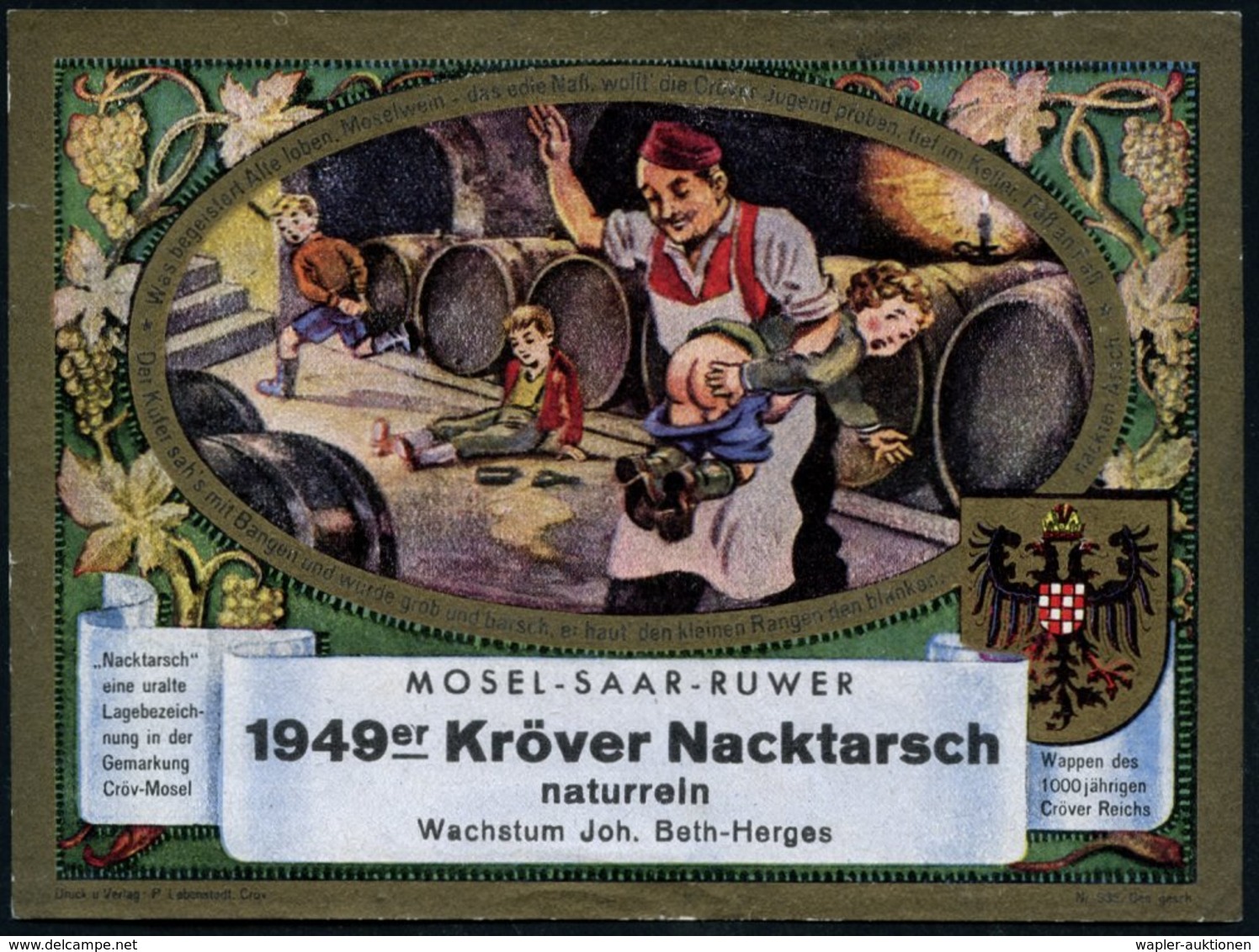 1949 Kröv, Mosel, Orig. Weinetikett "1949er Kröver Nacktarsch" (Winzer Versohlt Kinder) Gute Erhaltung (Format 9,5 X 13  - Other & Unclassified