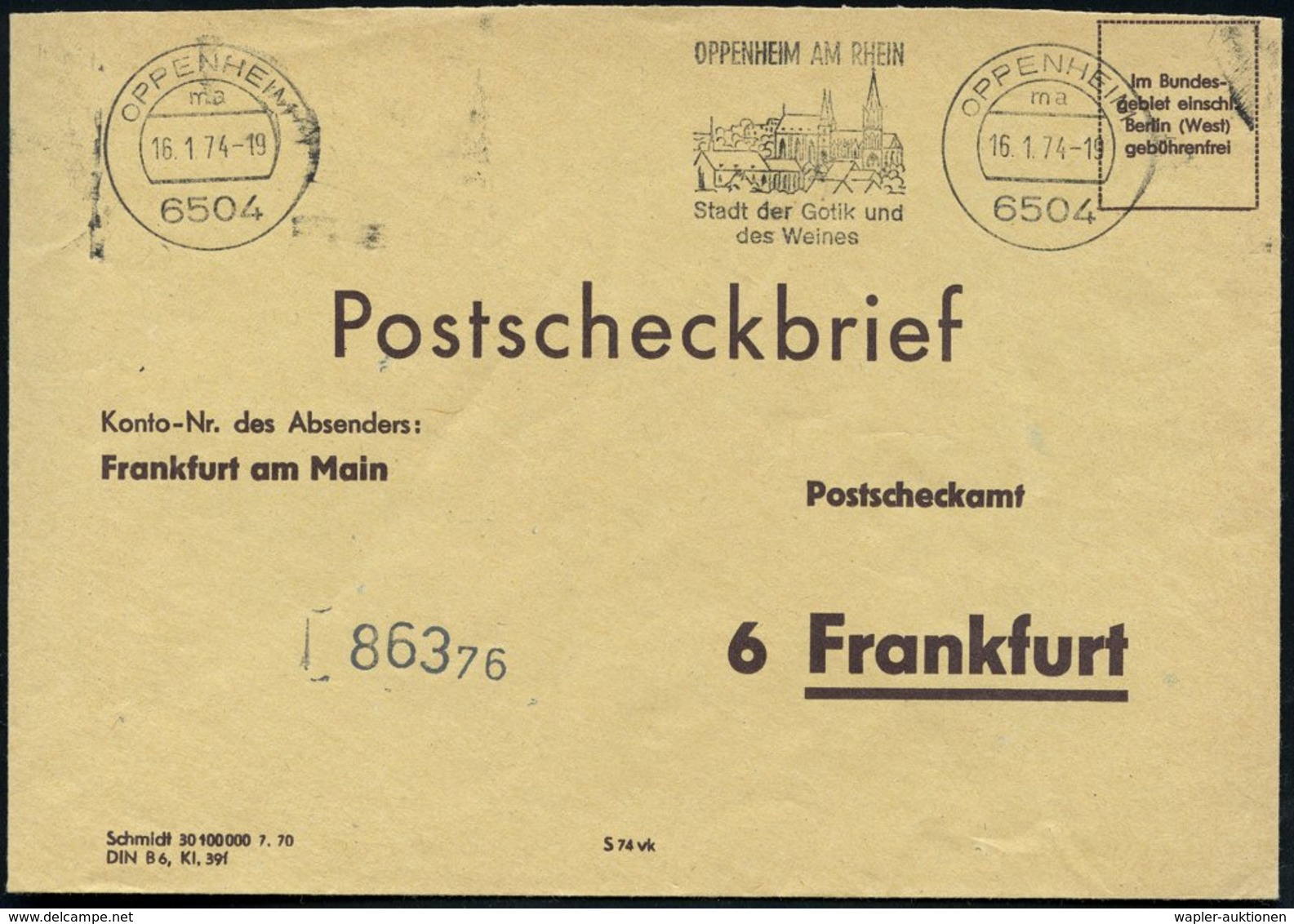 1974 6504 OPPENHEIM, Maschinen-Werbestempel: Stadt Der Gotik Und Des Weines (Ort Mit Katharinenkirche) Auf Portofreiem P - Other & Unclassified