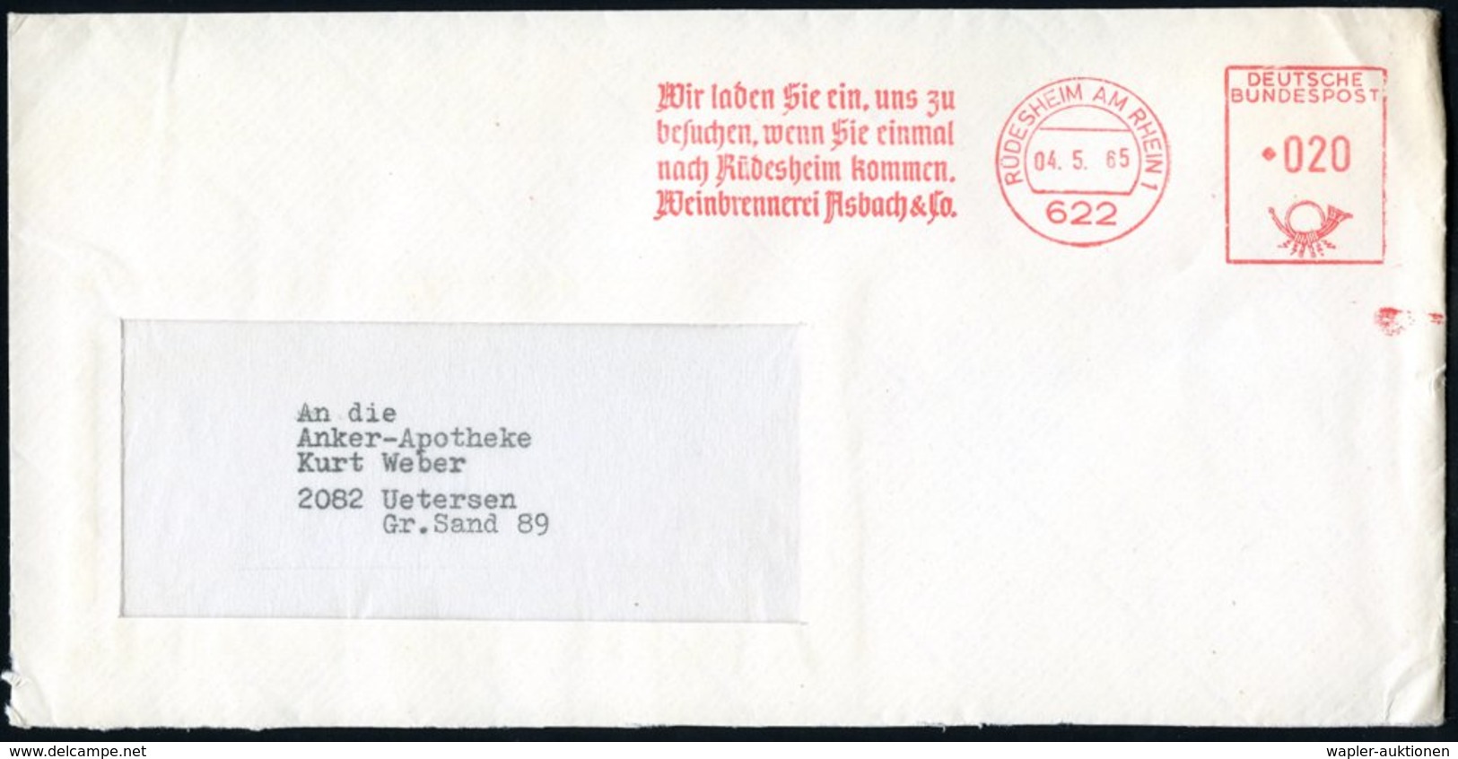 1965 (4.5.) 622 RÜDESHEIM AM RHEIN 1, Absender-Freistempel: ..Weinbrennerei Asbach & Co. (rs. Abs.-Vordruck) Fernbrief - - Otros & Sin Clasificación