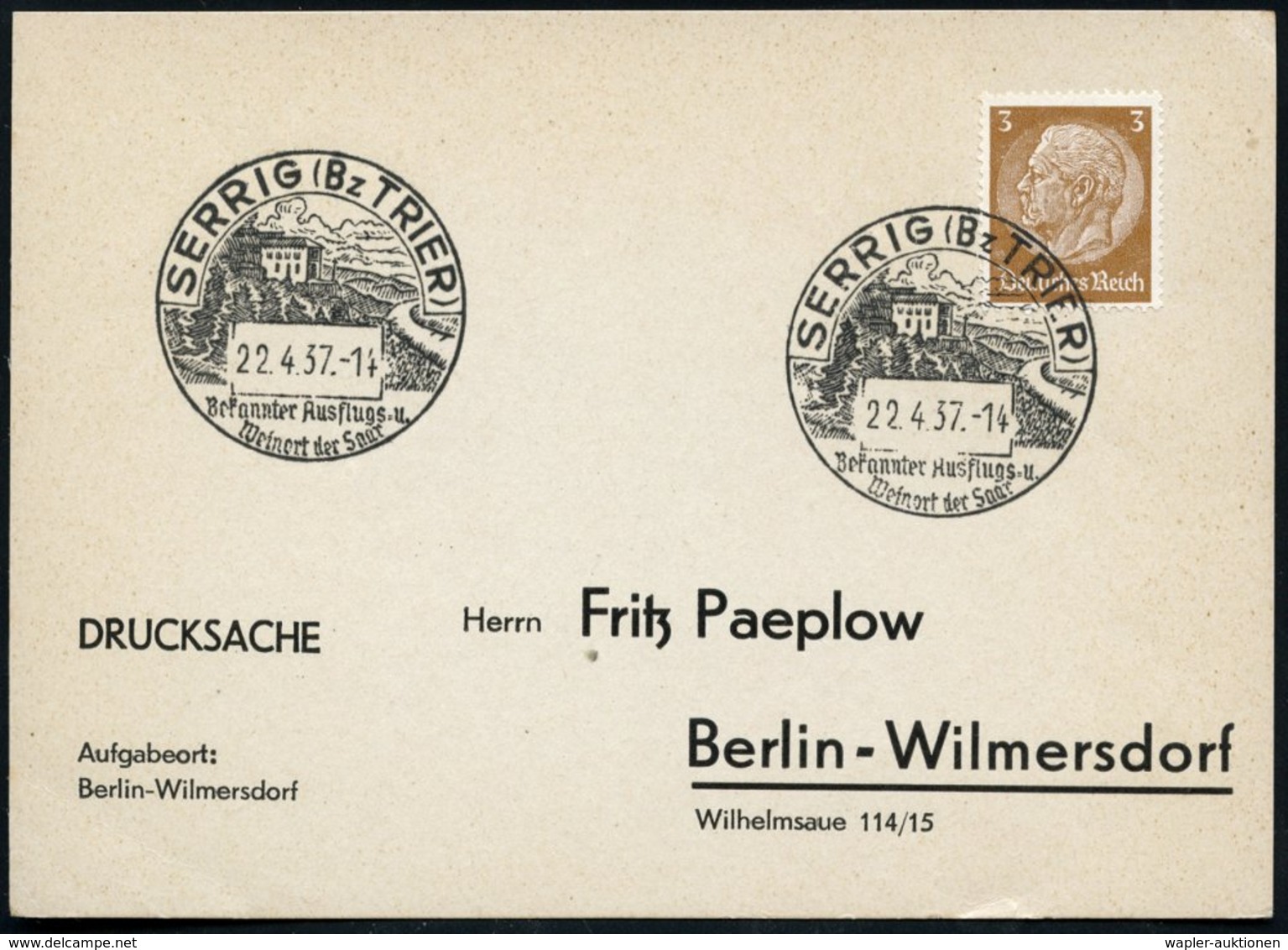 1937 (22.4.) SERRIG (Bz TRIER), Handwerbestempel: Bekannter.. Weinort Der Saar(Landschaft Mit Weinbergen) Inl.-Karte (Bo - Other & Unclassified