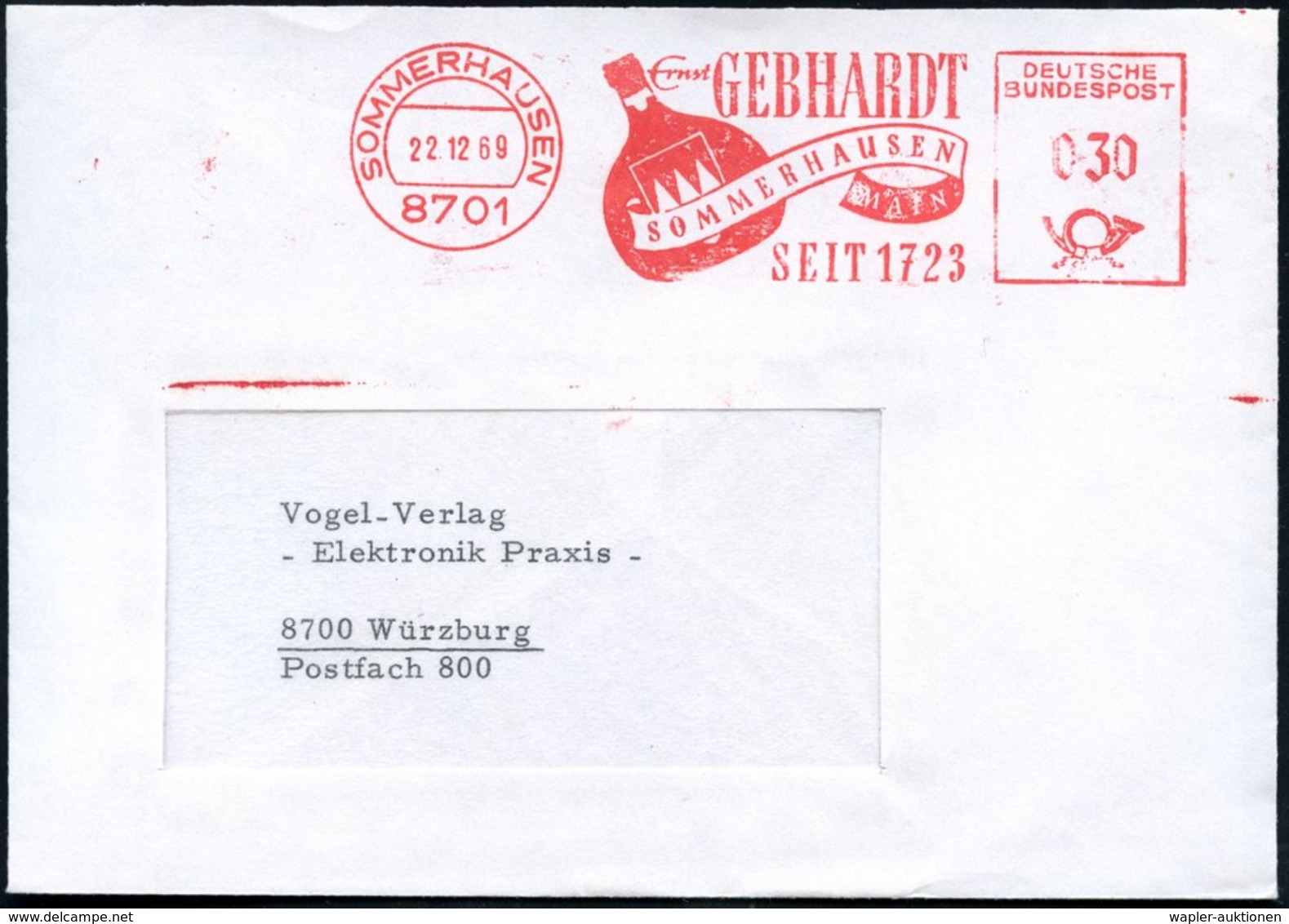 1969 (22.12.) 8701 SOMMERHAUSEN, Absender-Freistempel: Ernst GEBHARDT SEIT 1723 = Bockbeutel-Weinflasche, Fernbrief - We - Other & Unclassified