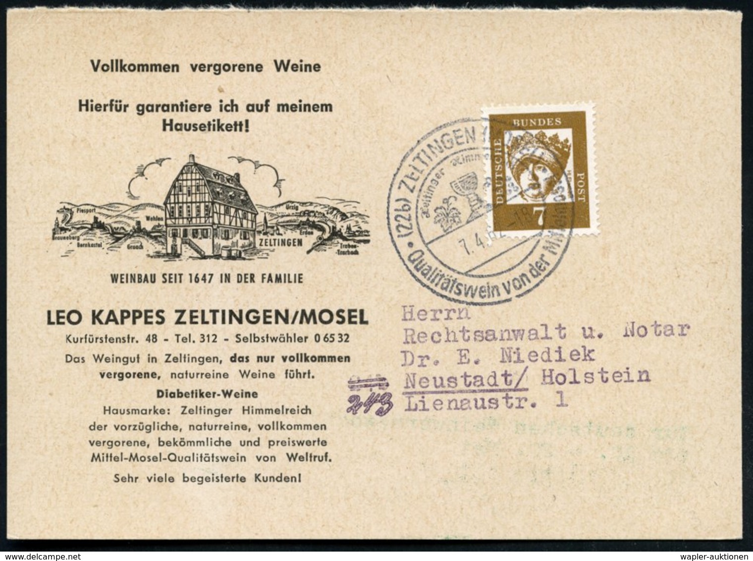 1962 (7.4.) (22 B) ZELTINGEN (MOSEL), Handwerbestempel: Zeltinger Himmelreich, Qualitätswein.. (Weinpokal, Weintraube) A - Other & Unclassified