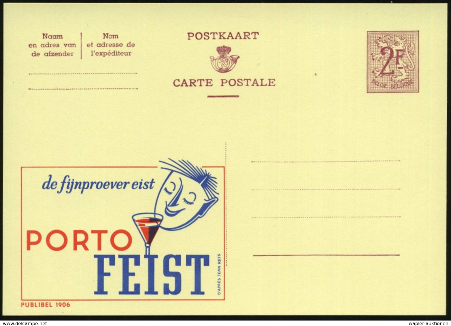 1959 BELGIEN, 2F. Publibel-Ganzsache: De Fijnproever Eist PORTO FEIST (Trinker Mit Portweinglas) Ungebr. (Mi.P 319 II /  - Other & Unclassified