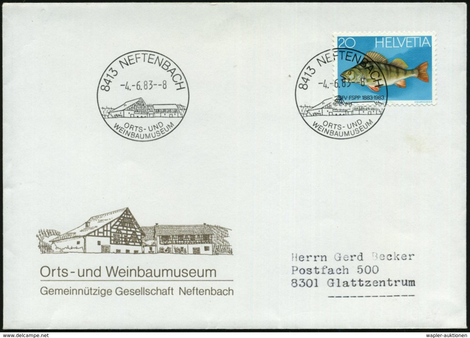 1983 (4.6.) SCHWEIZ, Handwerbestempel: 8413 NEFTENBACH.. WEINBAUMUSEUM (Weinbau-Museum) Motivgleicher Sonderumschlag (Pe - Otros & Sin Clasificación