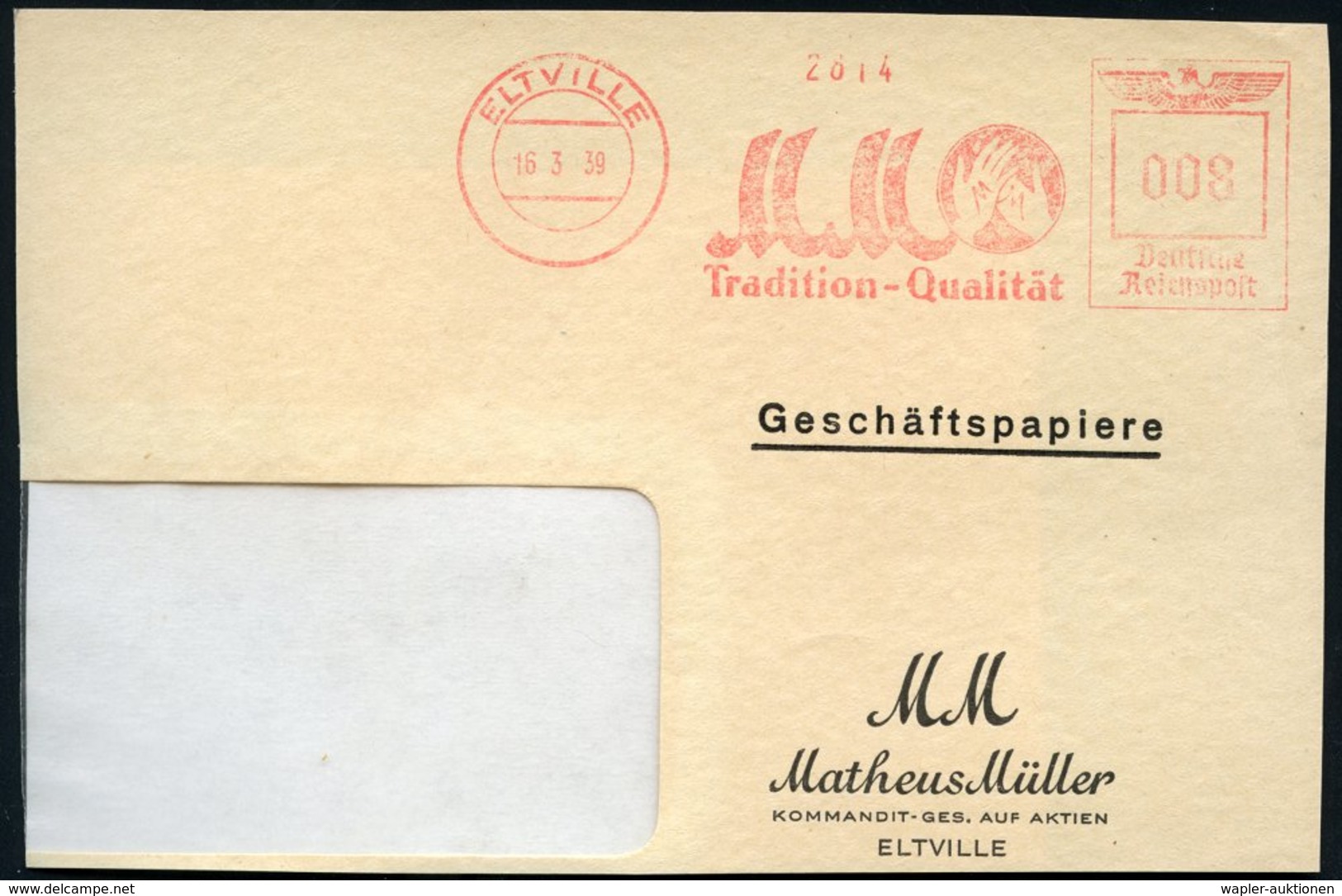 1939 (16.3.) ELTVILLE, Absender-Freistempel: M(atheus) M(üller) Tradition - Qualität (2 Hände Mit Handlinien "M M"), Tei - Other & Unclassified