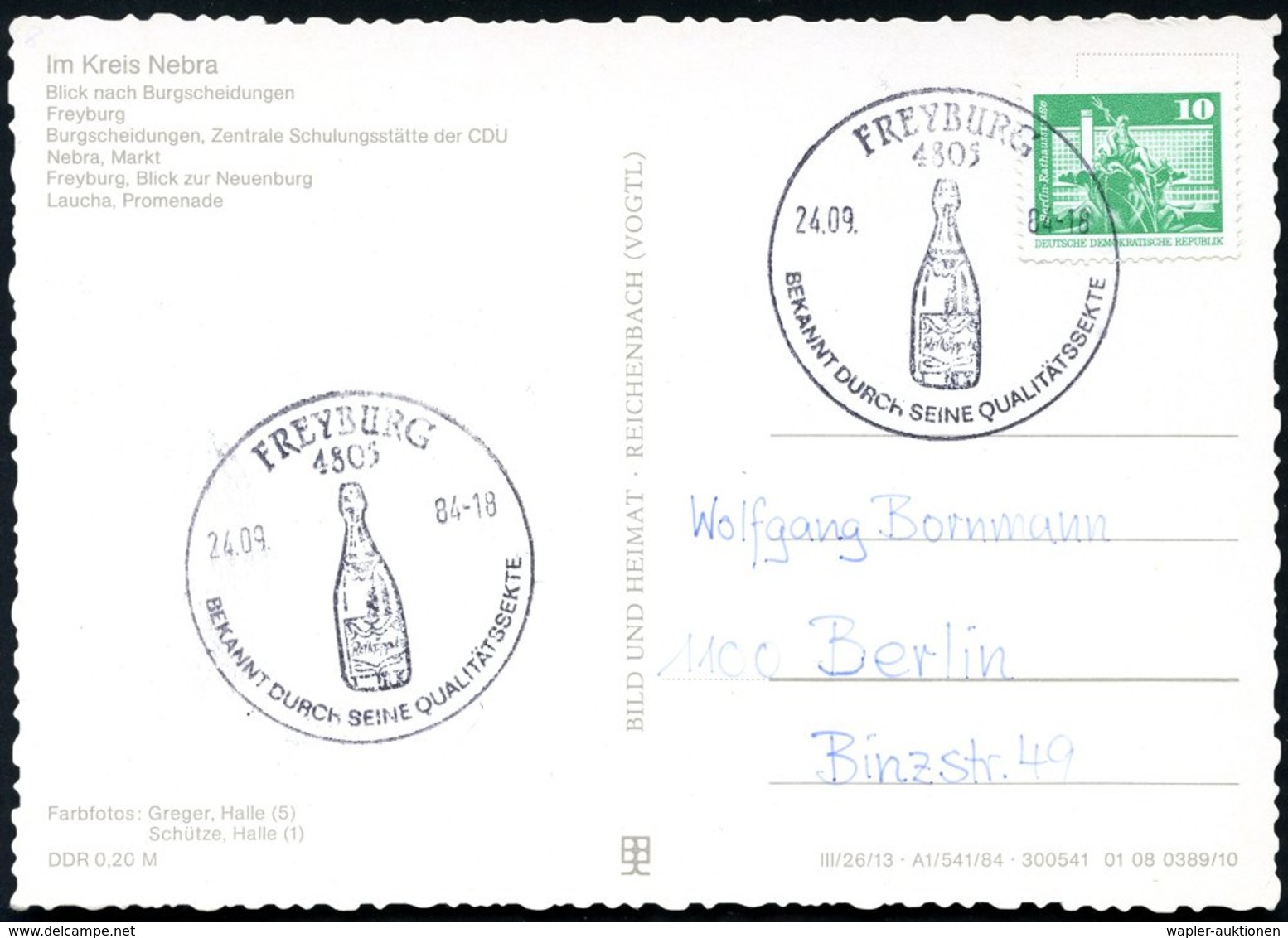 1984 (24.9.) 4805 FREYBURG, Handwerbestempel: BEKANNT DURCH SEINE QUALITÄTSSEKTE (Sektflasche "Rotkäppchen") Color-Ak.:  - Other & Unclassified