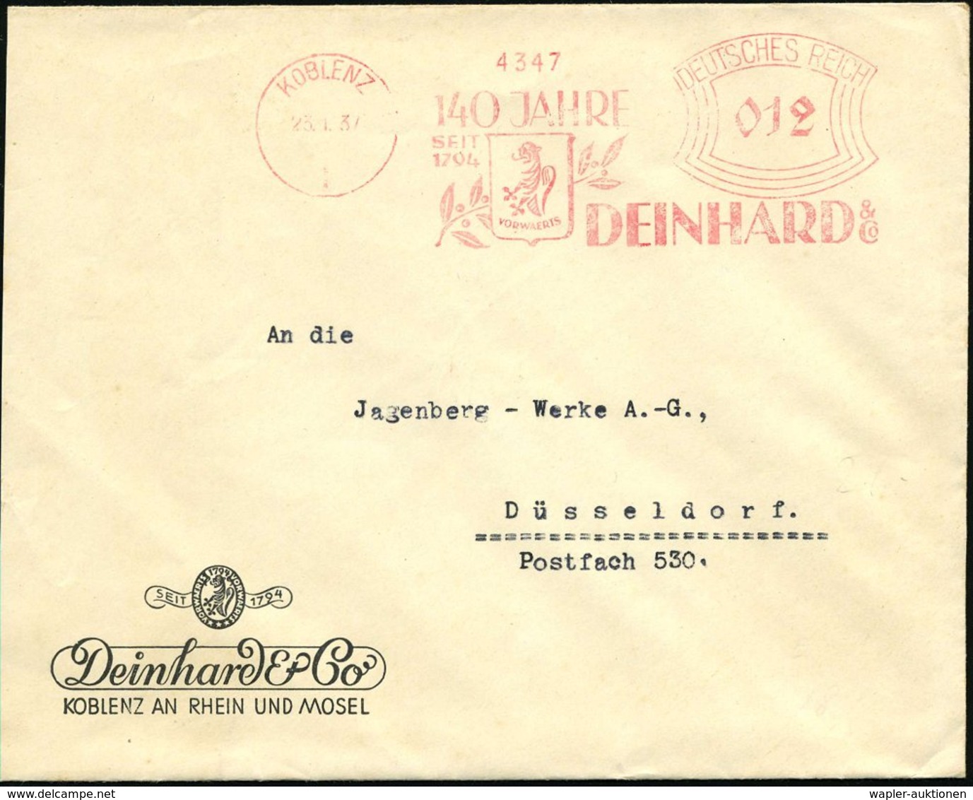 1938 (13.4.) KOBLENZ 1, Absender-Freistempel: 140 JAHRE DEINHARD & Co (Wappe U. Lorbeer) Bedarfs-Vorderseite - Sekt & Sc - Other & Unclassified