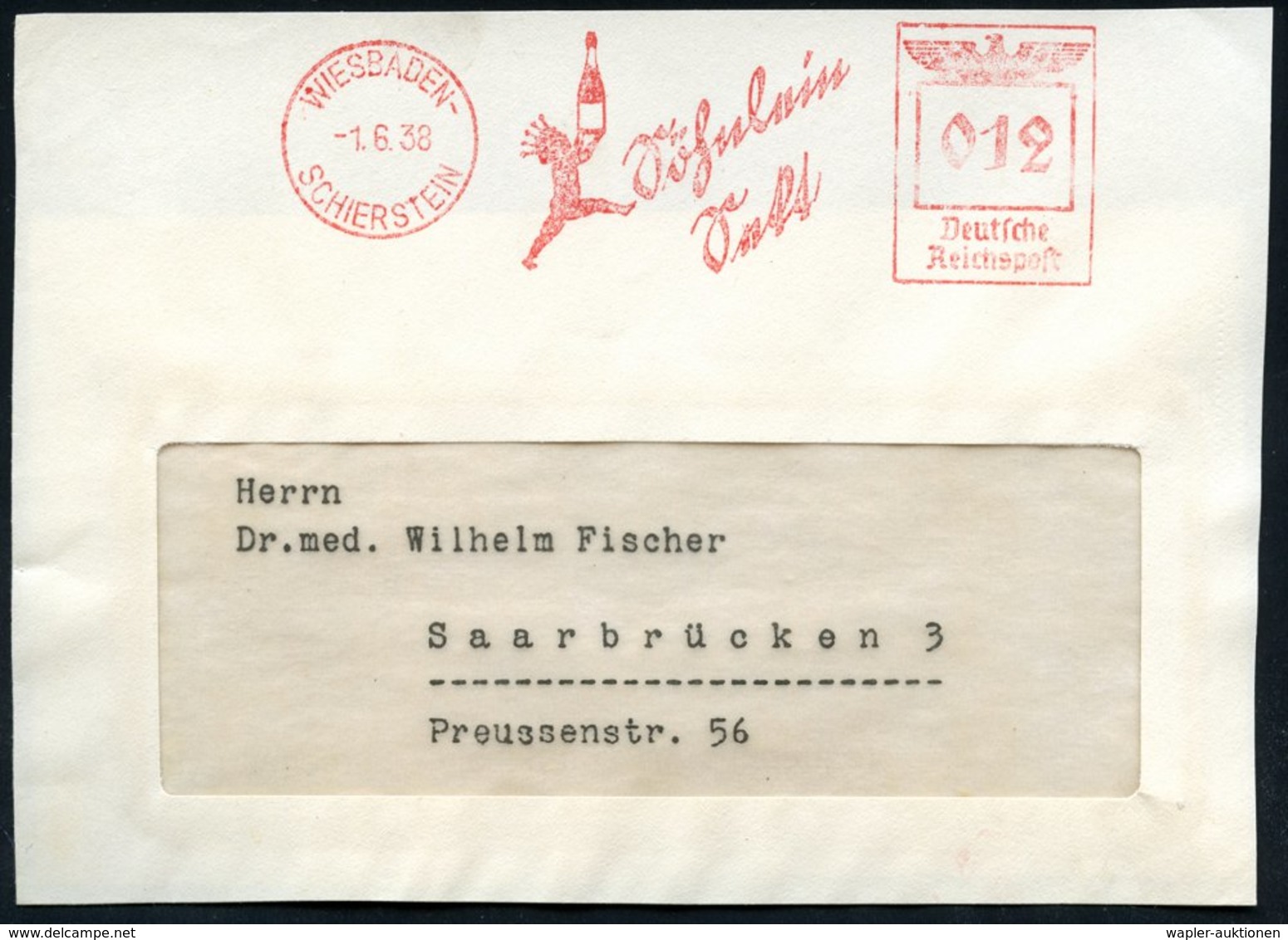 1938 (1.6.) WIESBADEN-SCHIERSTEIN, Absender-Freistempel: Söhnlein Sekt (Prinz Mit Sektflasche, Text Sütterlin) Kleine Vo - Sonstige & Ohne Zuordnung