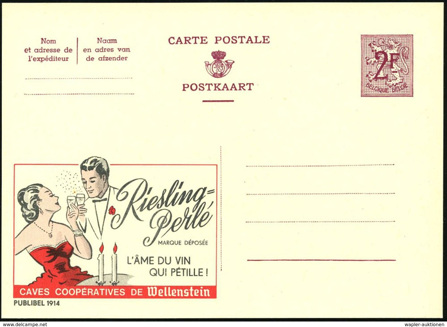1959 BELGIEN, 2 F. Publibel-Ganzsache: Riesling Perlé.. L'AME DU VIN.. (Paar Mit Sektgläsern, Kerzen) Ungebr. (Mi.P 319  - Other & Unclassified