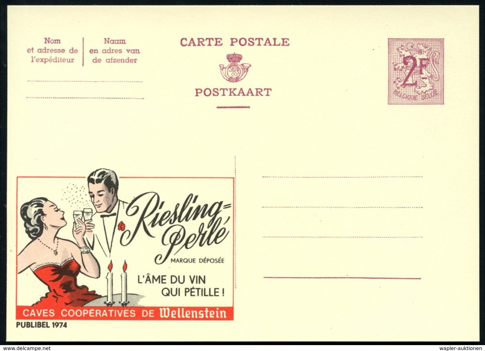 1959 BELGIEN, 2 F. Publibel-Ganzsache: Riesling Perlé.. L'AME DU VIN.. (Paar Mit Sektgläsern, Kerzen) Ungebr. (Mi.P 319  - Altri & Non Classificati