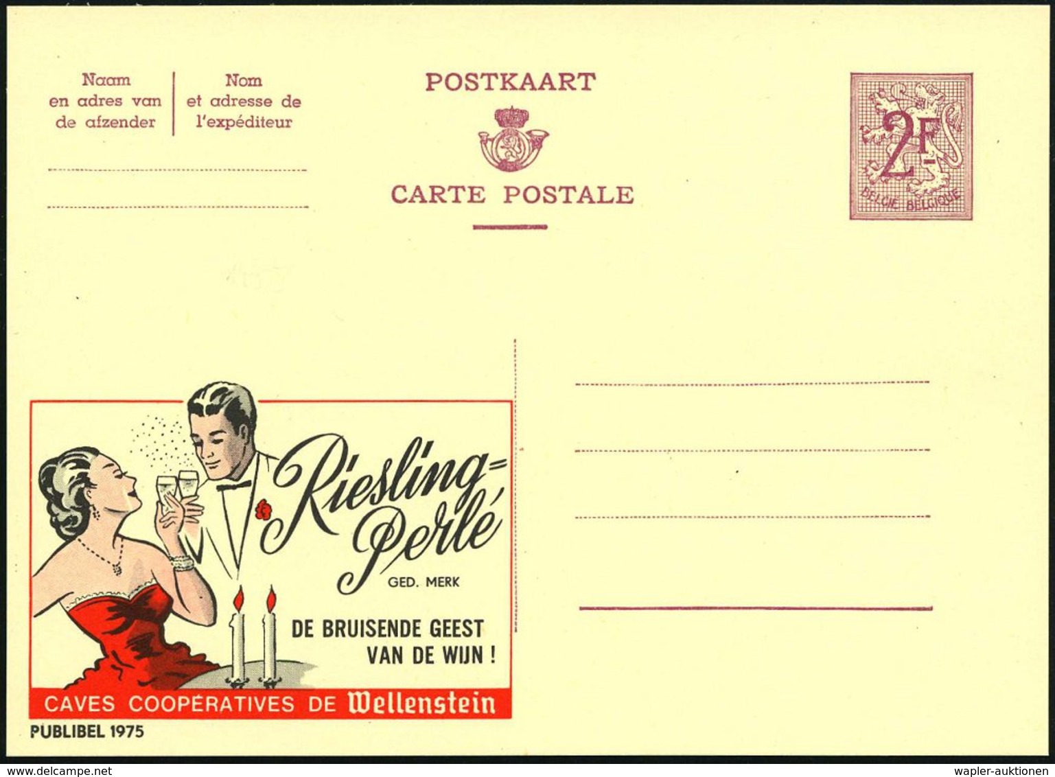 1959 BELGIEN, 2 F. Publibel-Ganzsache: Riesling Perlé.. DE BRUISENDE GEEST.. (Paar Mit Sektgläsern, Kerzen) Ungebr. (Mi. - Other & Unclassified