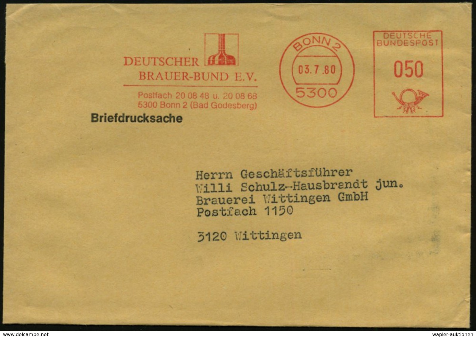 1980 (3.7.) 5300 BONN 2, Absender-Freistempel: DEUTSCHER BRAUER-BUND EV.. (Braukessel) Fernbrief - Bier / Beer / Biére / - Other & Unclassified