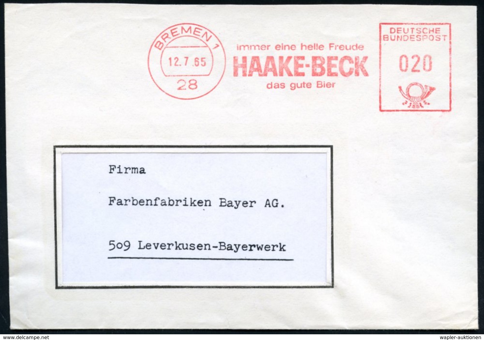 1965 (12.7.) 28 BREMEN 1, ..HAAKE-BECK Das Gute Bier, Rs. Abs.-Vordruck Mit Firmenlogo, Fernbrief - Bier / Beer / Biére  - Other & Unclassified