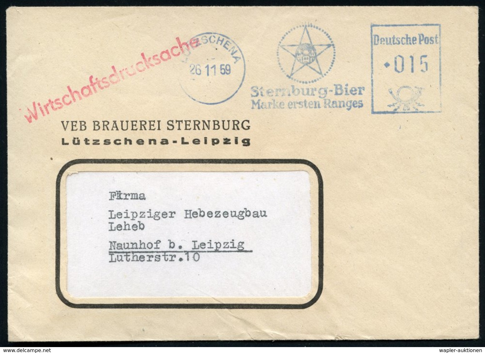 1959 (26.11.) LÜTZSCHENA, Bauer Absender-Freistempel: Sternburg-Bier.. (Logo: Stern) Firmenbrief - Bier / Beer / Biére / - Other & Unclassified