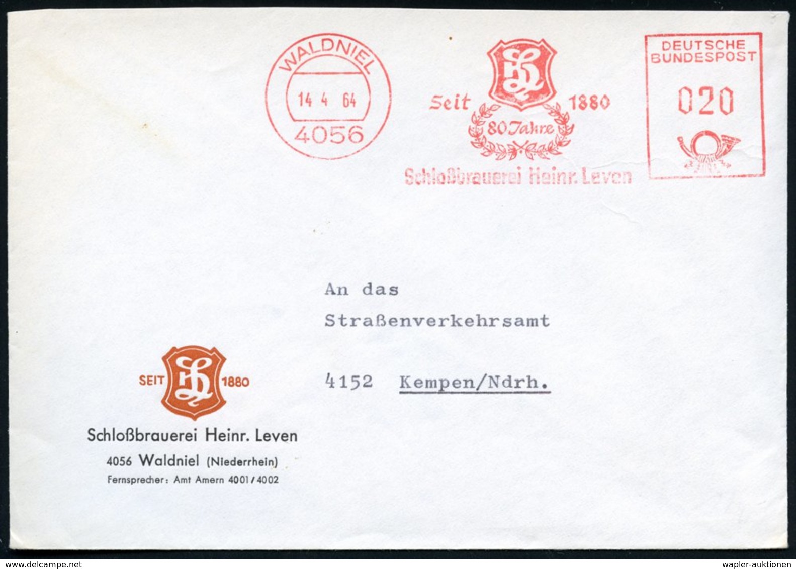 1964 (14.4.) 4056 WALDNIEL, Absender-Freistempel: 80 Jahre Schloßbrauerei Heinr. Leven (Monogramm-Logo) Motivgleicher Fi - Other & Unclassified