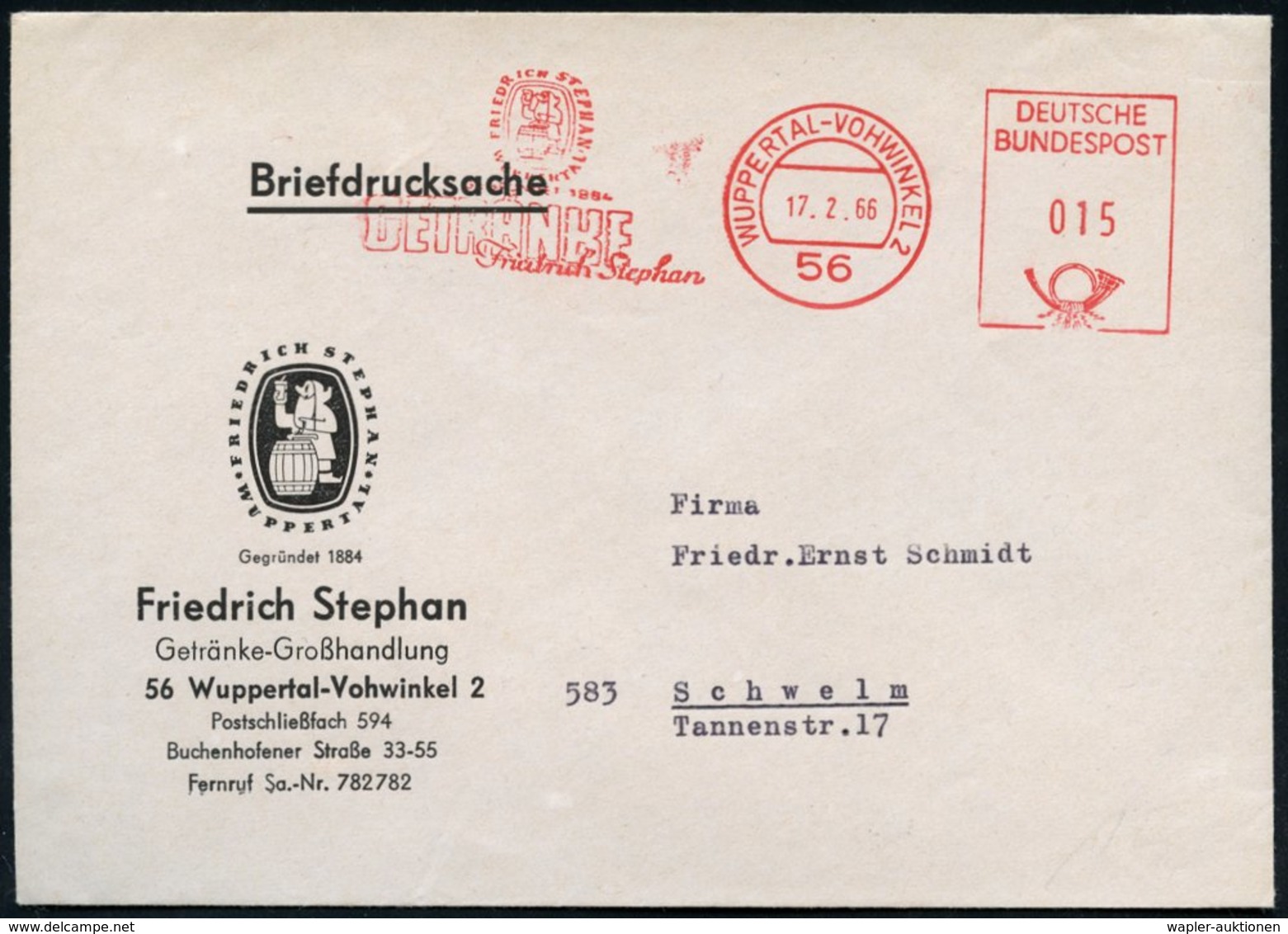 1966 (17.2.) 56 WUPPERTAL-VOHWINKEL 2, Absender-Freistempel: GETRÄNKE Friedrich Stephan = Zwerg Mit Bierfaß, Motivgleich - Autres & Non Classés