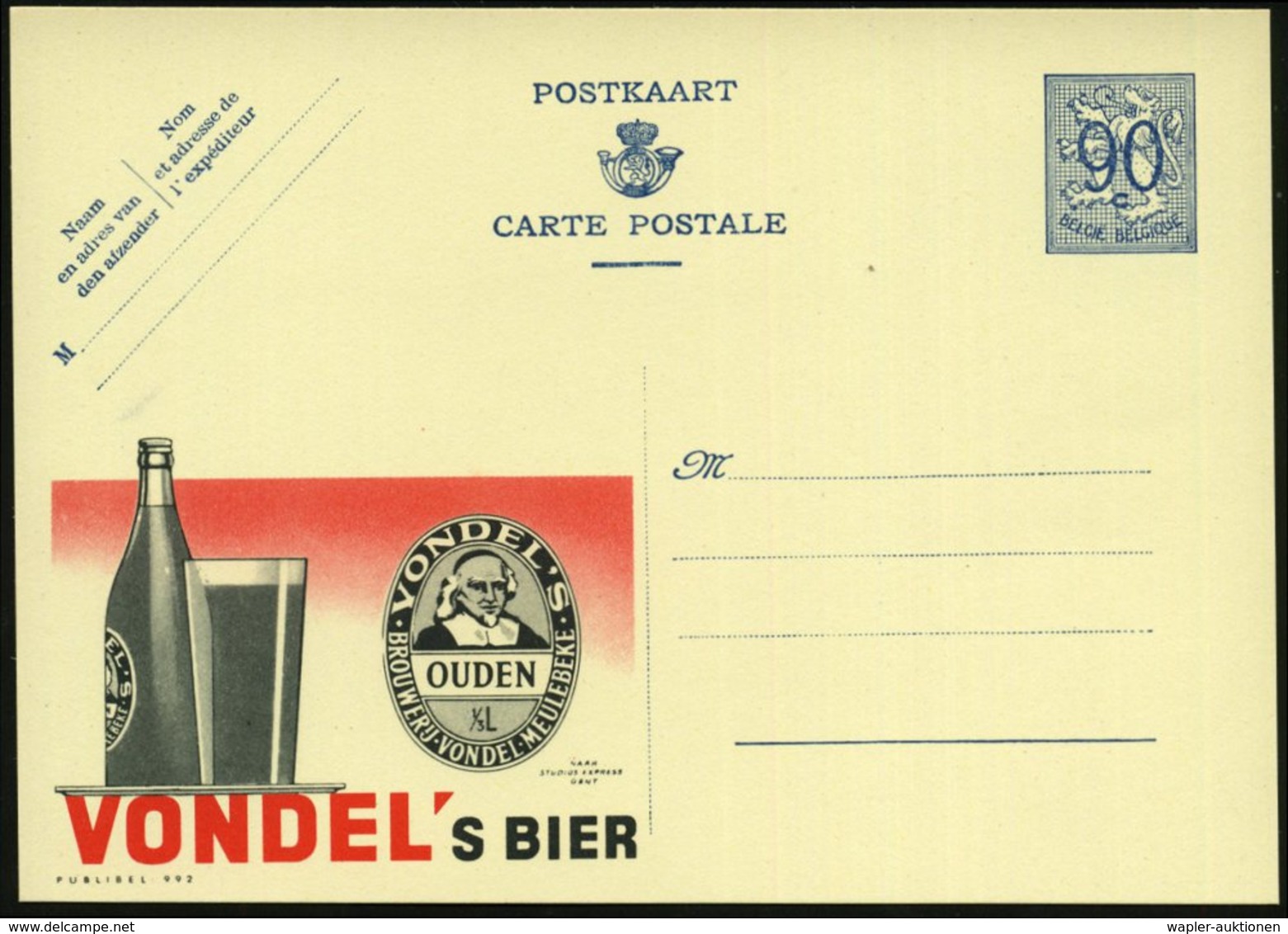 1951 BELGIEN, 90 C. Publibel-Ganzsache: VONDEL'S BIER.. (Bierflasche, Glas, Logo) Ungebr. (Mi.P 273 II / 992) - Bier / B - Other & Unclassified