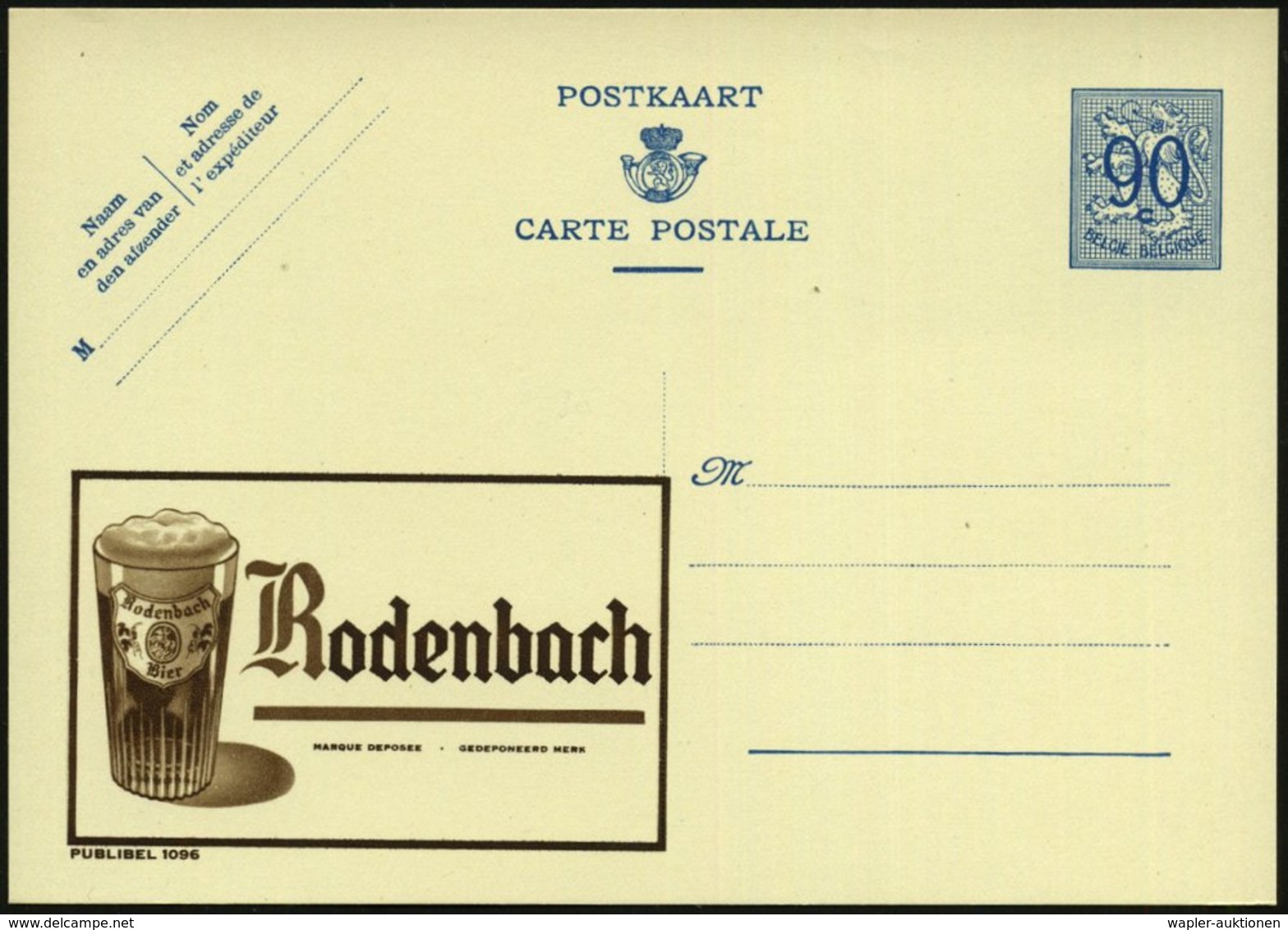 1951 BELGIEN, 90 C. Publibel-Ganzsache: Rodenbach.. (Bierglas Mit Logo) Ungebr. (Mi.P 273 II / 1096) - Bier / Beer / Bié - Other & Unclassified